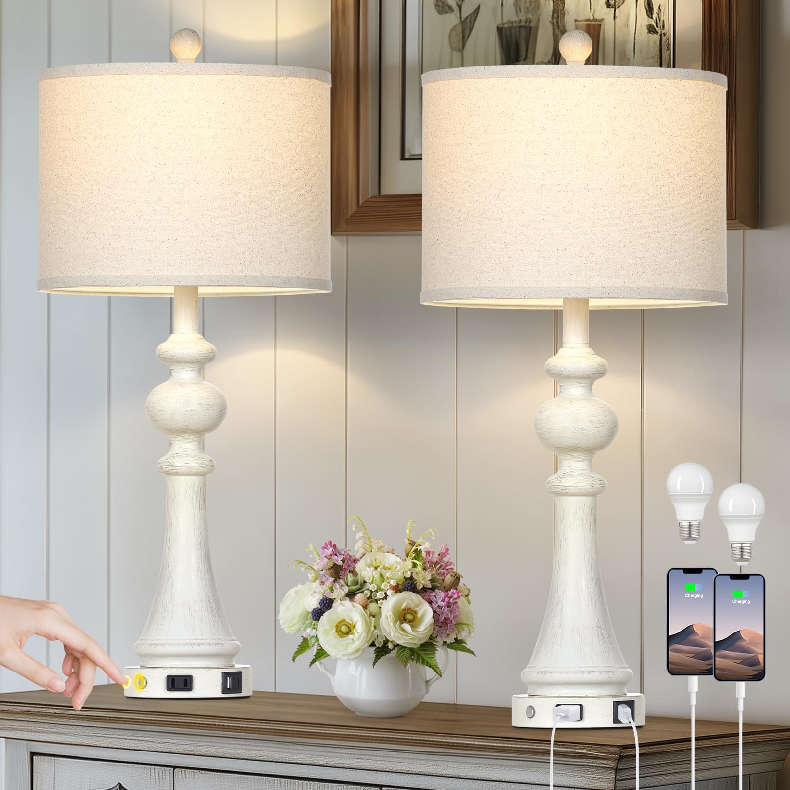 28'' Farmhouse Lamps Set of 2 with USB A+C Fast Ports & AC Outlets, Vintage Rustic 3-Way Dimmable Touch Control Table Lamps, Rus