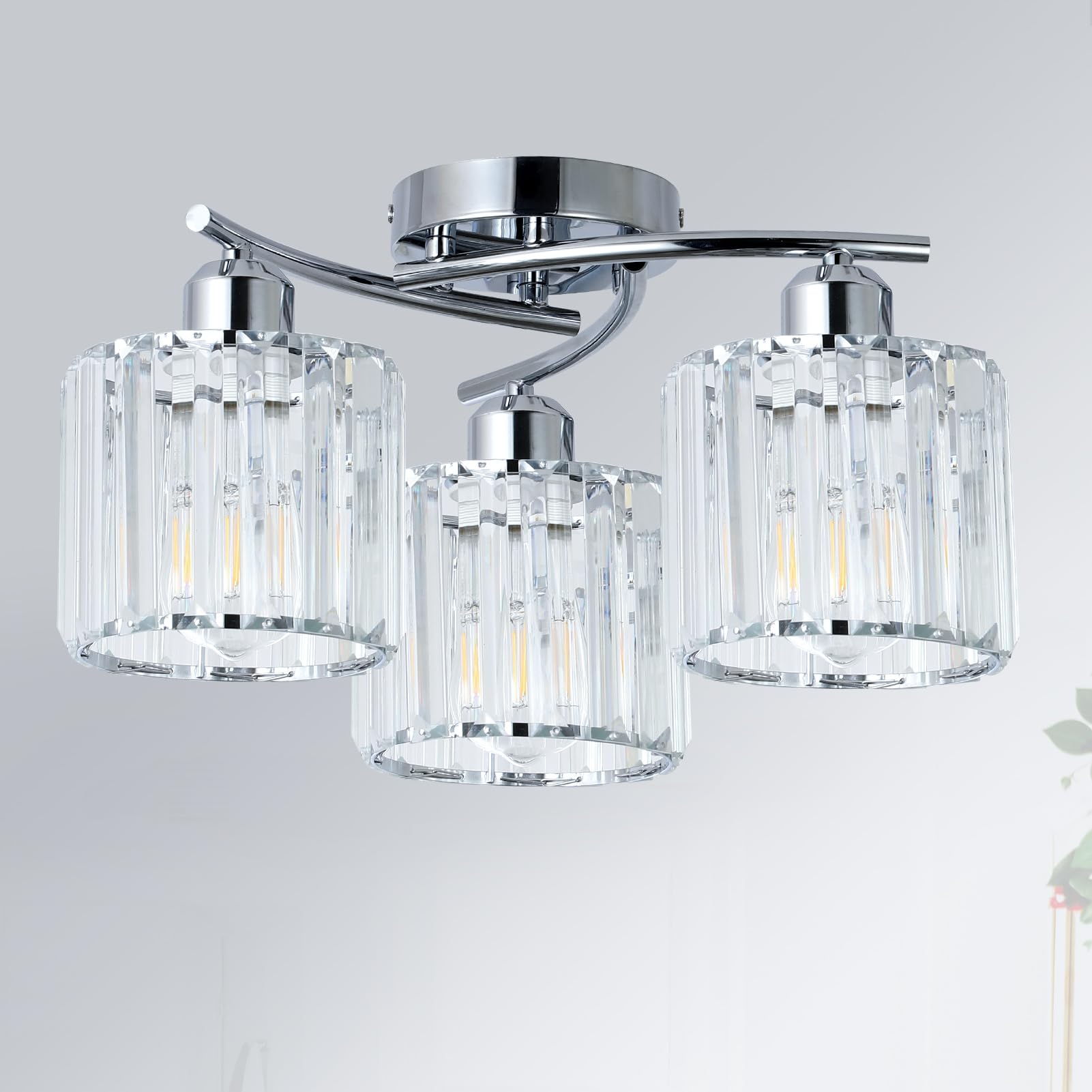 Crystal Close To Ceiling Light Fixtures 3-Light Chrome Modern Semi Flush Mount Ceiling Light Kitchen Light Fixture With Clear Crystal Shades Hallway Lighting Fixture For Entryway Bedroom Bathroom