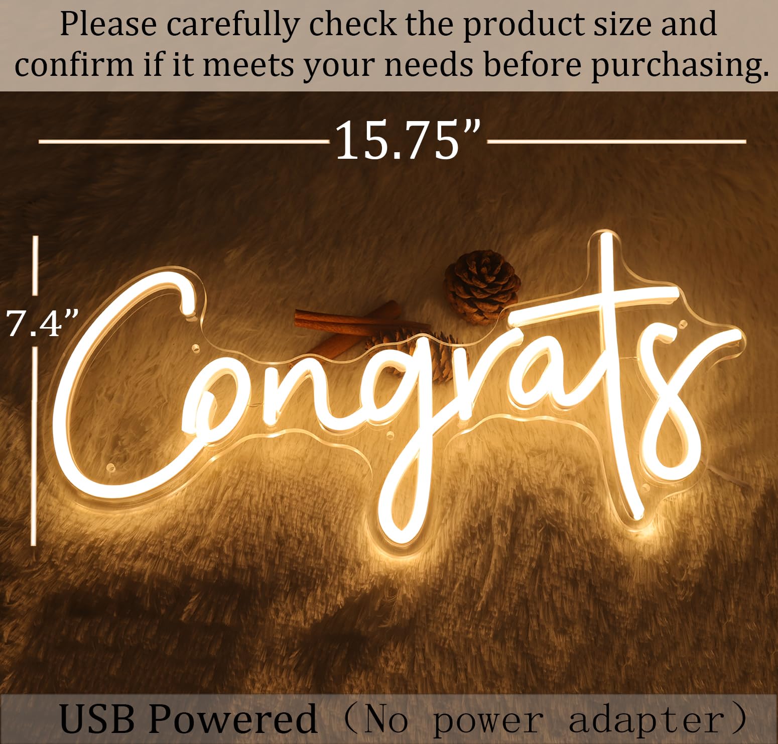 SYLHOME LED Neon Light Sign - Congrats for Wedding/Birthday/Graduation - Warm White - 15.8" x 7.4" - Indoor Decor - Model NS-RC5VD