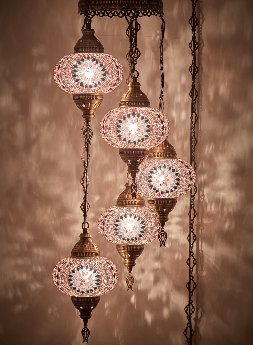 DEMMEX 7in  Moroccan Mosaic Chandelier, Amethyst Glass, Swag5 Model, 15-ft Cord, Bohemian Pendant Light for Living Room, Bedroom