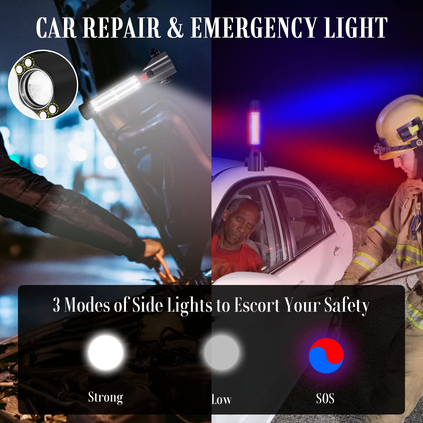 Unicumoo Solar Powered Car Safety Hammer Flashlight With Seatbelt Cutter, Led High Lumens, Red And Blue Sos Flashing, Usb Chargi