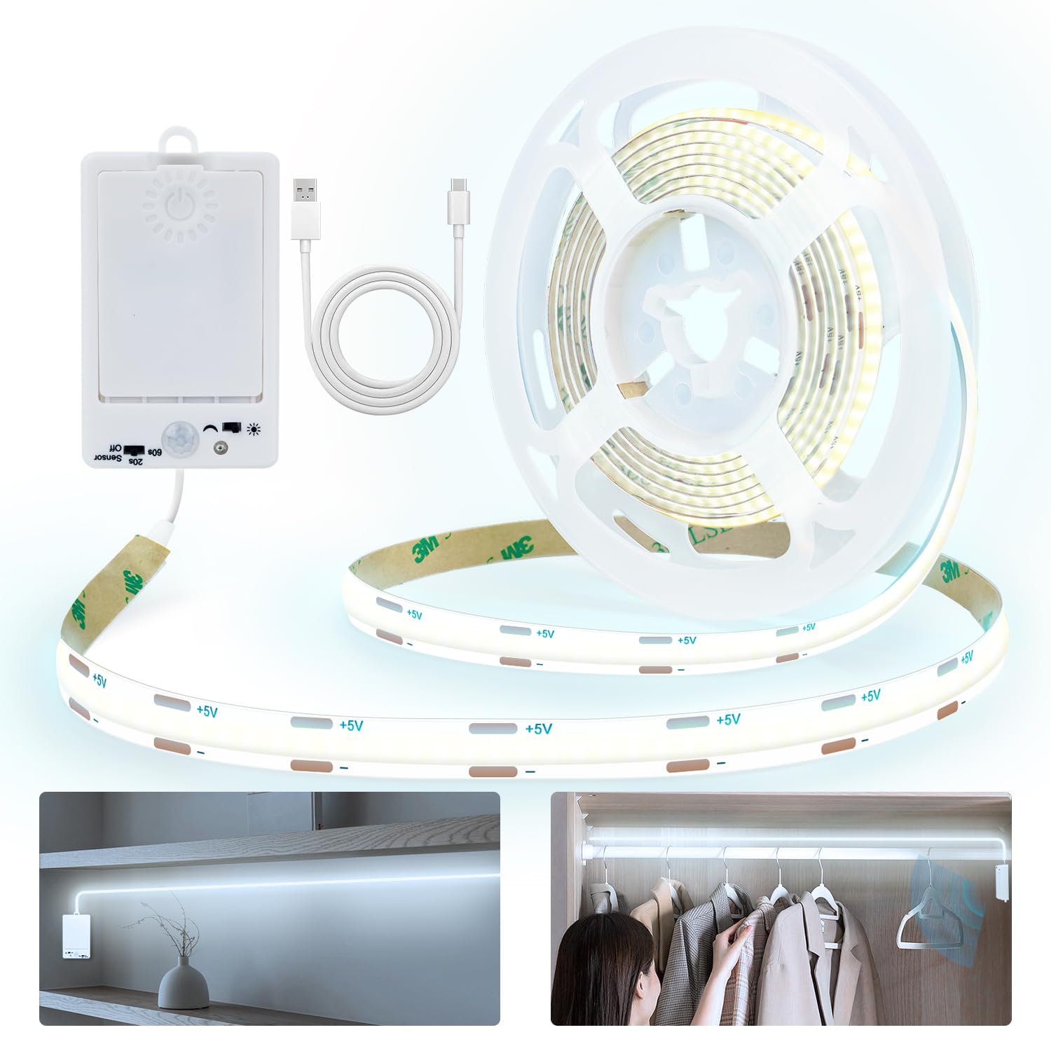 OMIKA COB Rechargeable LED Band Light  6.56ft 640LEDs 6000K Cool White Battery Powered LED Band Light  Closet Lights Motion Sensored  Under Cabinet Lights for Bed  Locker  Wardrobe  Shelves