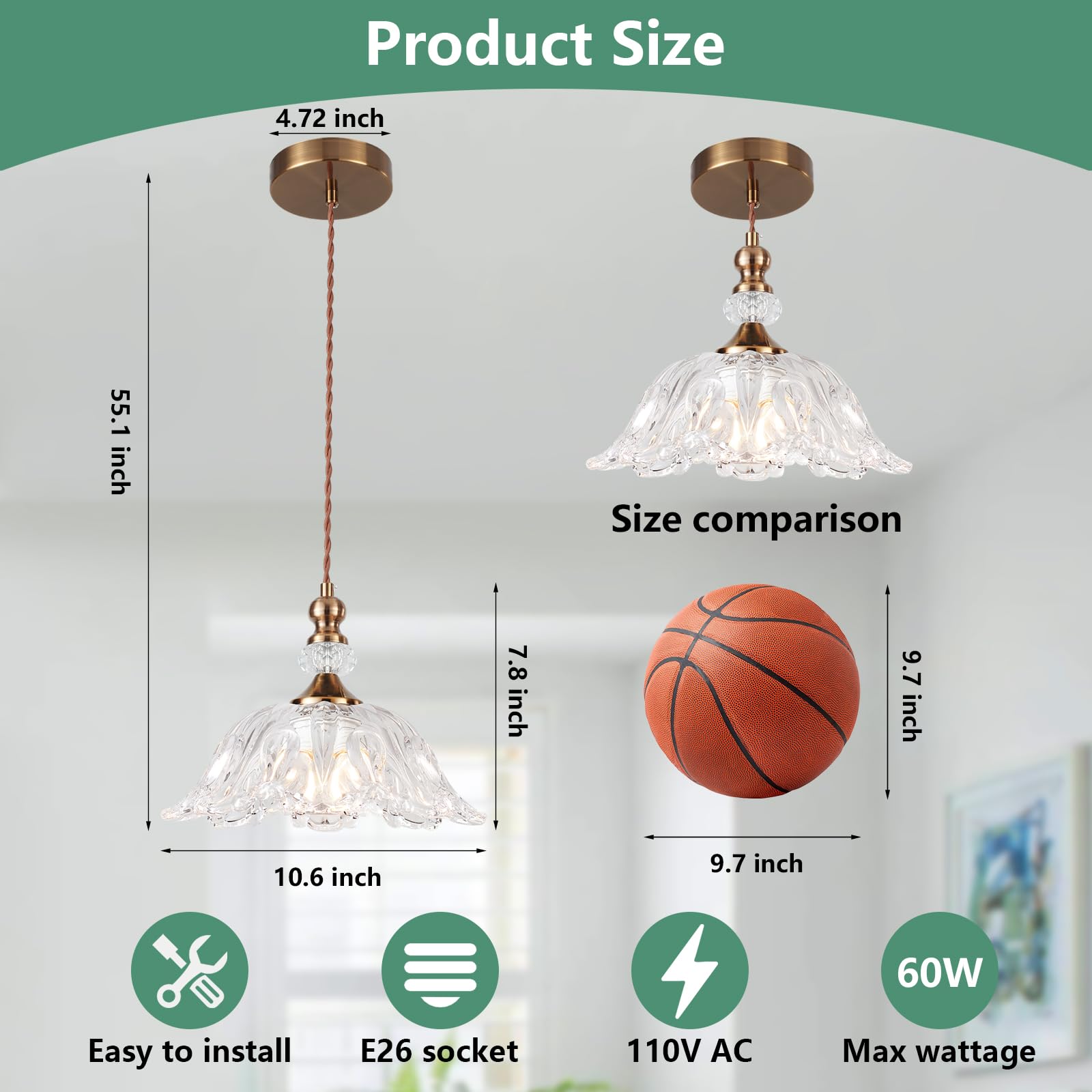 Cwarmozy Vintage Small Glass Pendant Light Fixtures For Kitchen Island 10.6'' Farmhouse Brass Gold Adjustable Hanging Ceiling Li