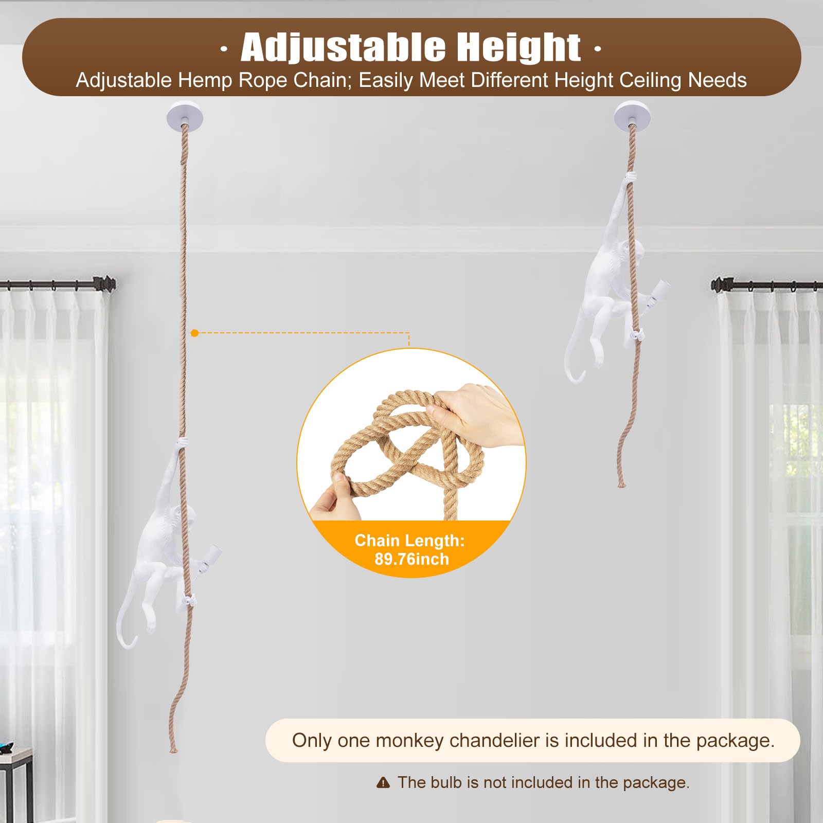 Huashuani Vintage Monkey Chandelier, Retro Resin Hemp Rope Monkey Pendant Light Fixture, Hanging Ceiling Lamp E26 For Dining Liv