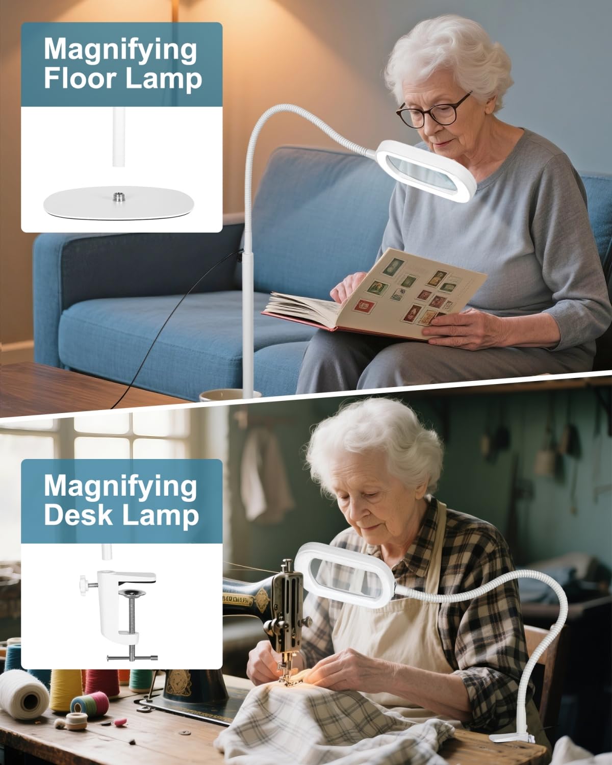IVMAIE 10X Rectangle Magnifying Glass with Light, Flexible Gooseneck 3-in-1 Floor Lamp, LED, Stepless Dimmable, White, Model 602FLG