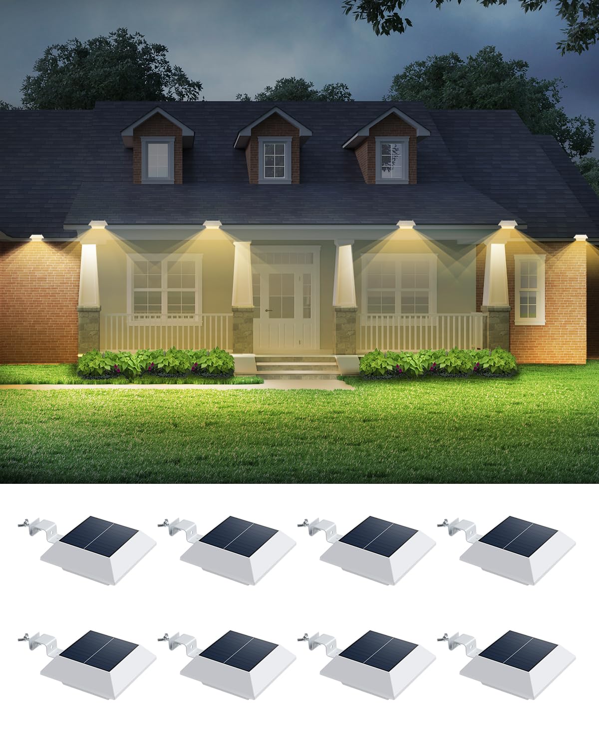 FALOVE 8 Pack Solar Powered Gutter Lights, Waterproof 12 LEDs, Warm White, Model FA0416W