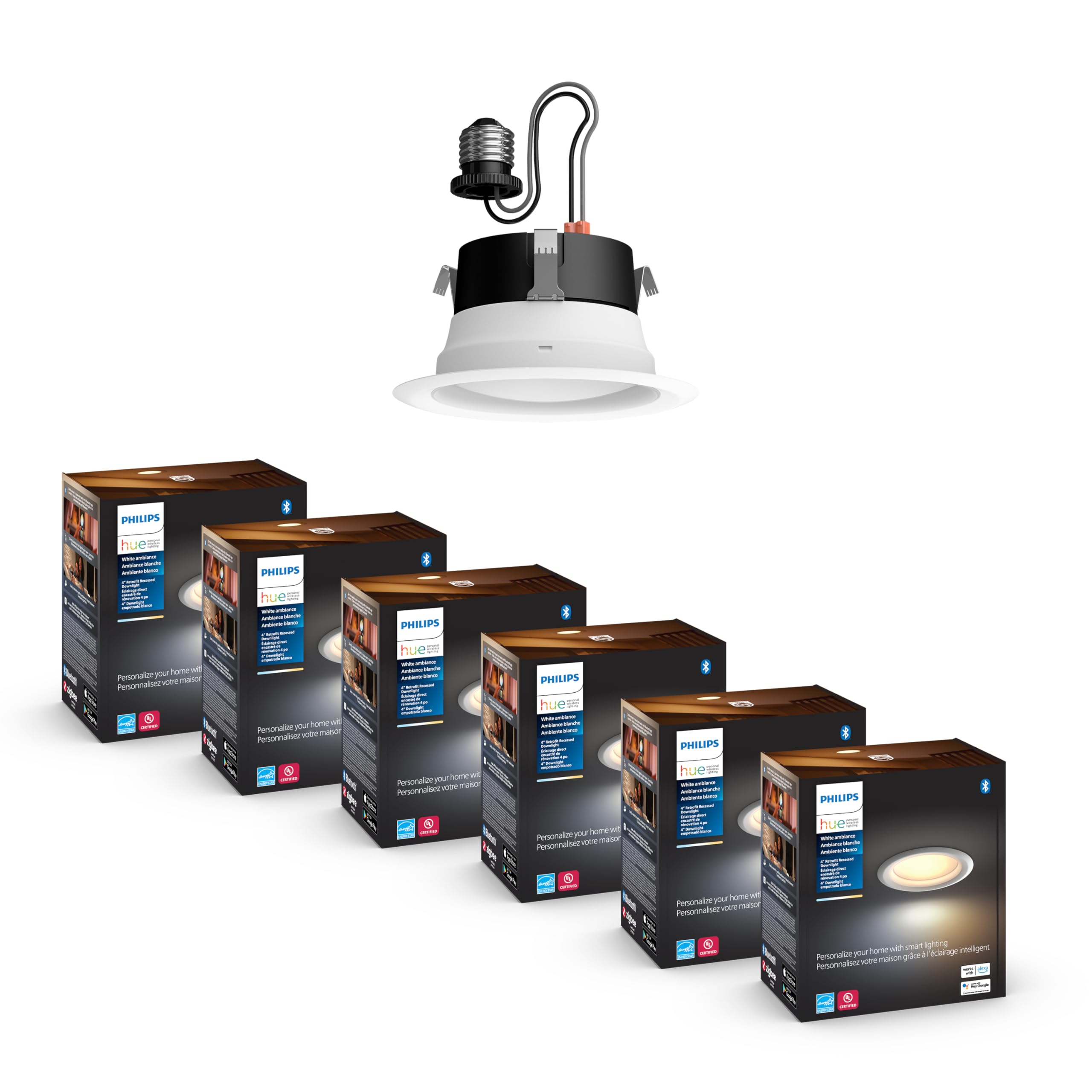 Philips Hue Smart 4 Inch LED Downlights, Warm-to-Cool White Recessed Lighting, 6 Pack, 850LM, Control with Hue App, Compatible w