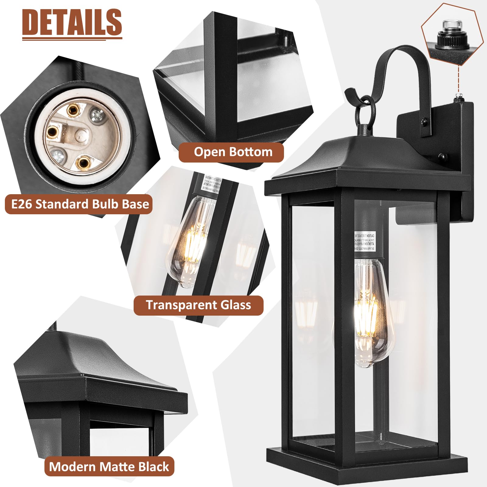 Roravilila 2-Pack Dusk To Dawn Large Outdoor Wall Lights 17 Inch, Exterior Light Fixtures Porch Lights Tempered Clear Glass, Ip6
