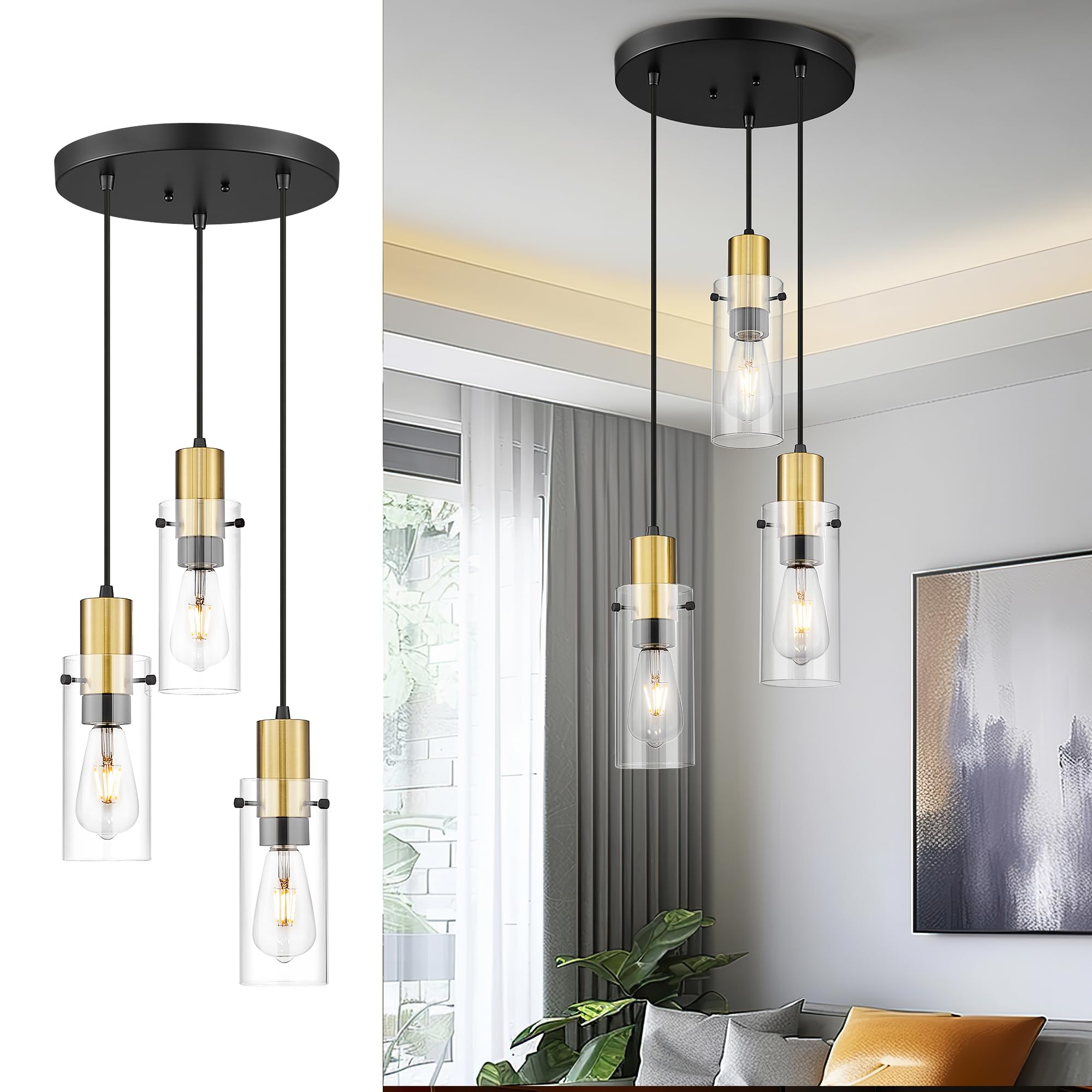 Emak 3-Light Cluster Pendant Light, Black & Gold Modern Fixture With Clear Glass Shade