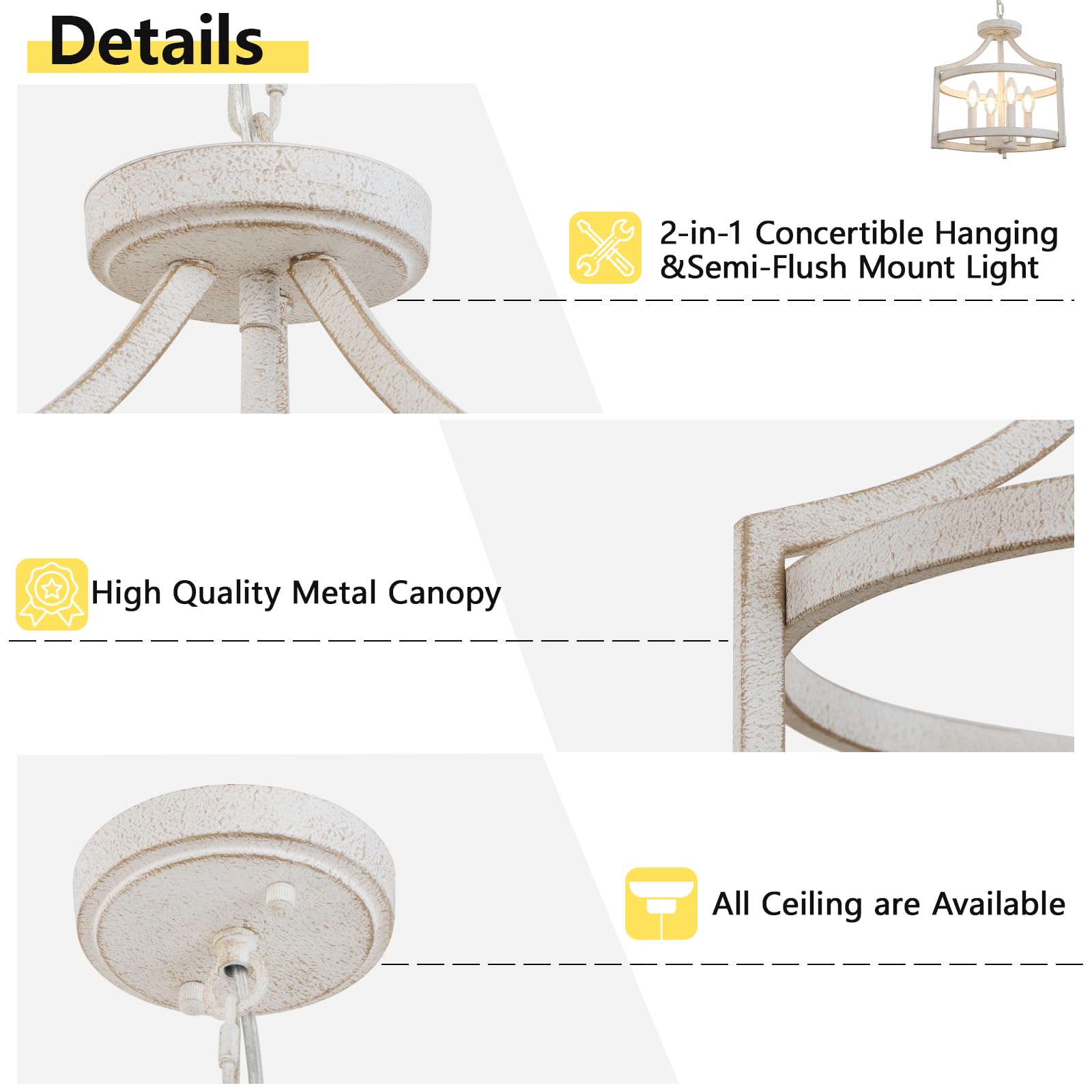 KMaiPem 4 Lights Vintage Farmhouse Chandelier, Antique White Metal Semi Flush Mount Pendant Light Fixture for Dining Room, Model D128004