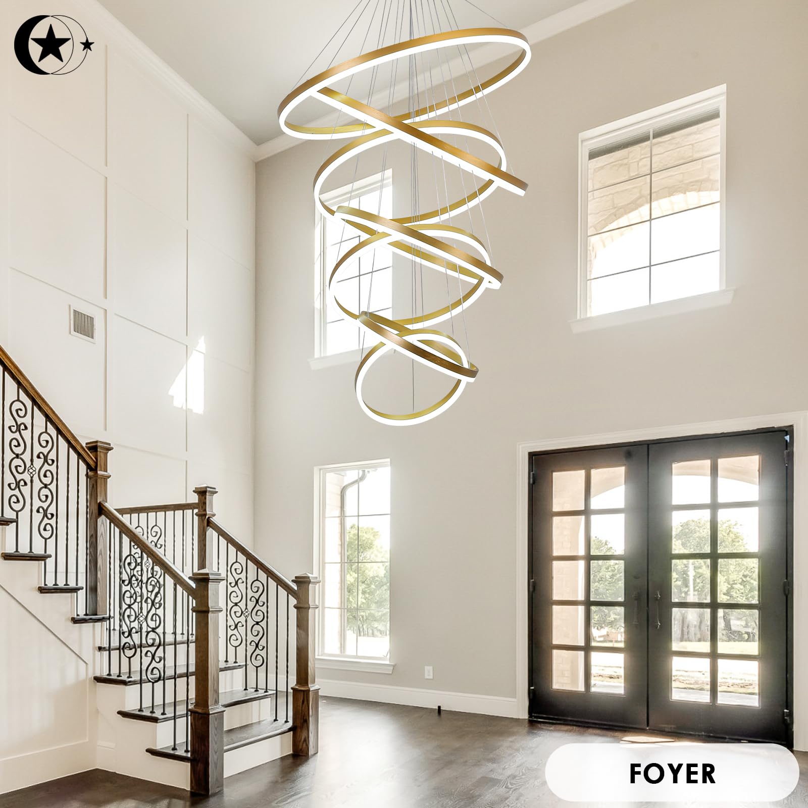 XGZL · LIGHTING 7-Rings Modern LED Chandelier, Gold, 31.5’’ for High Ceilings, Remote Control, 3000K-6000K,