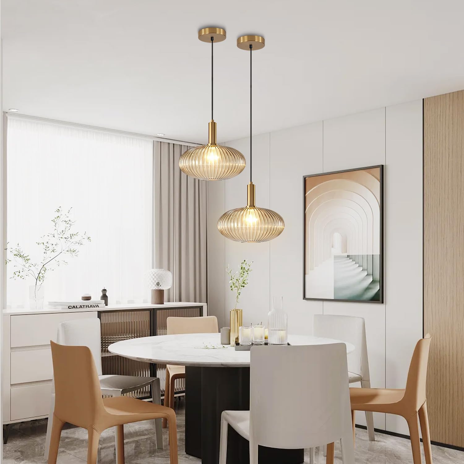KCO Modern Gold Globe Pendant Lamp, 1-Light Antique Brass, Amber Glass, 30cm, Model L1143-A, Vintage Adjustable Ceiling Light