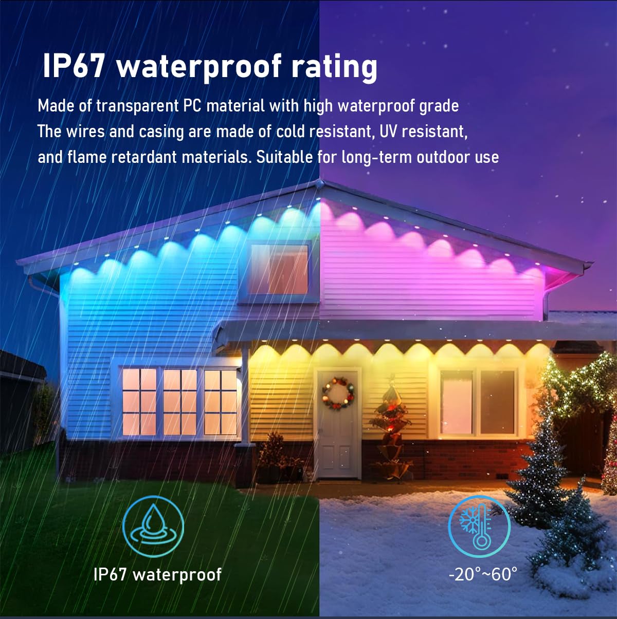 XINKAITE 100FT Smart RGB+IC Outdoor Eaves Lights with App Control, IP67 Waterproof for Holidays & Daily Use