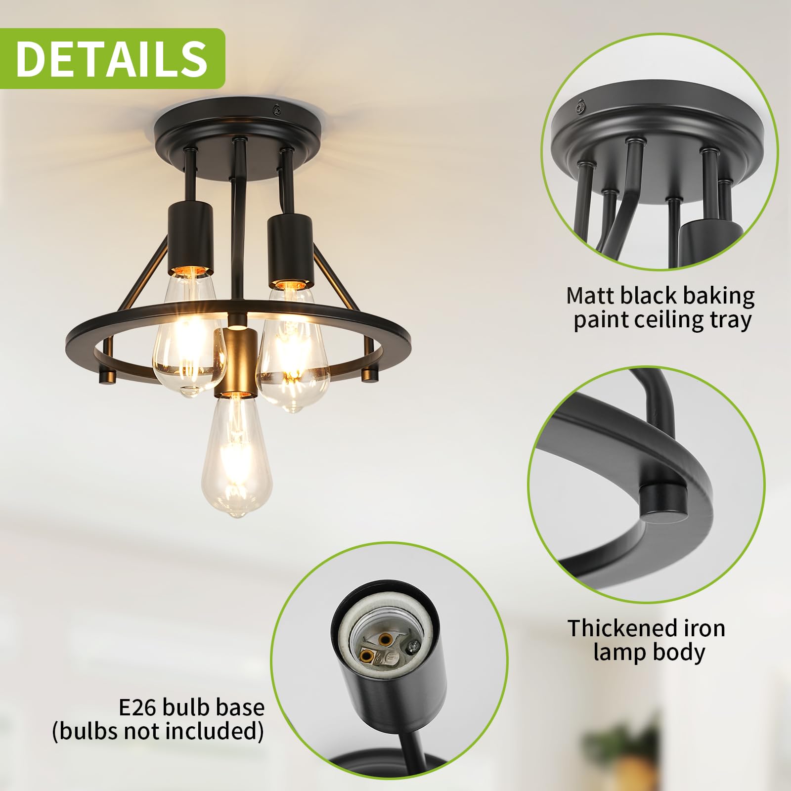 WILON 3-Light Semi Flush Mount Ceiling Light - Black Metal Industrial Fixture, Model QLTQ0033