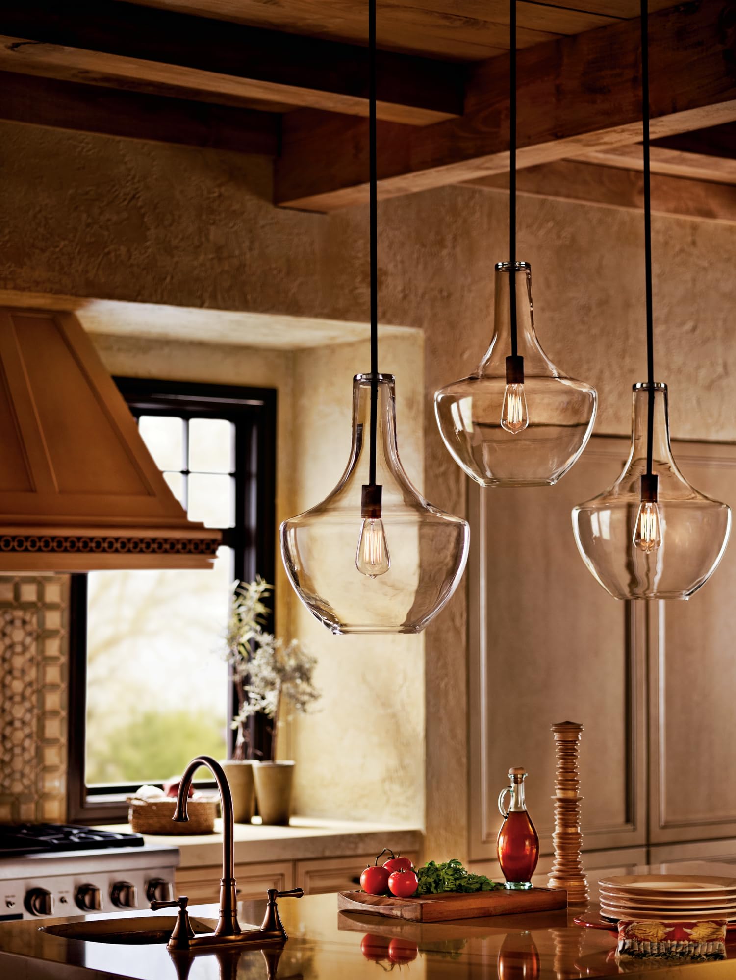 Kichler Everly 19.75 Kitchen Bell Pendant In Olde Bronze, 1-Light Clear Seeded Glass Pendant Light, (19.75 H X 13.75 W), 42046Oz