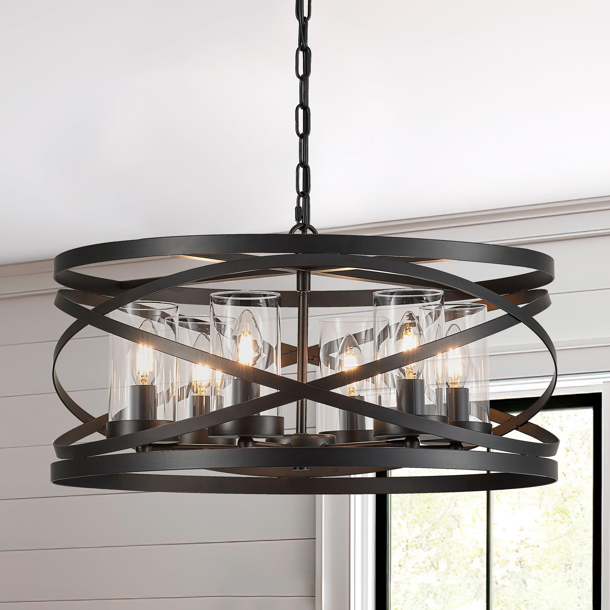 Faibra 6-Light Farmhouse Drum Pendant Light,21.65'' Nature Wood Texture Vintage Rustic Chandeliers Black Metal Industrial Glass 