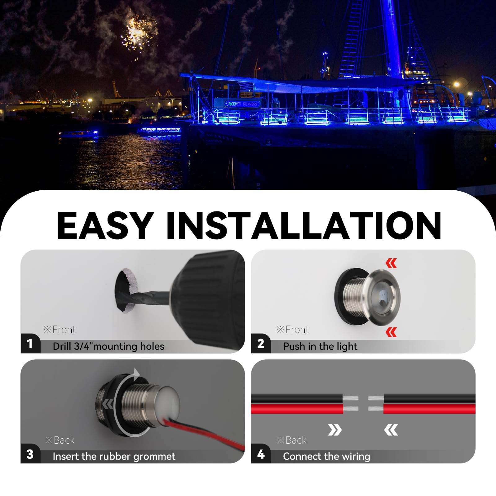 Uliteco Boat Interior Lights  Waterproof Marine Led Boat Lighting  Night Fishing Lights  Courtesy Transom Cabin Stern Cockpit Navigation Led Lights For Pontoon Bass Jon Jet Ski Kayak (Blue 4Pcs)