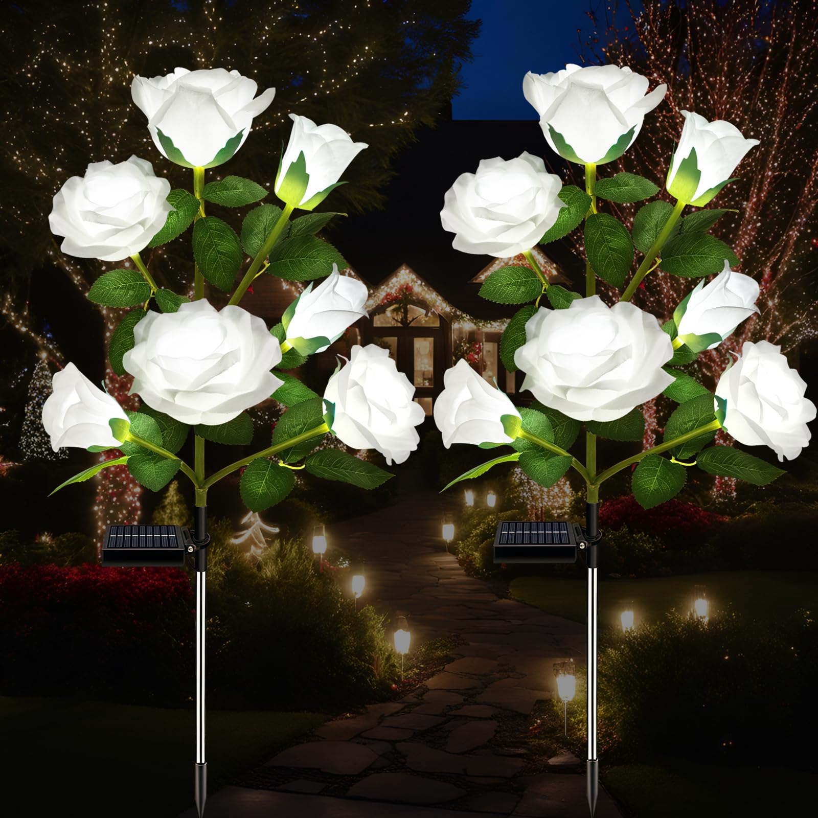 DWH 2 Pack Solar Garden Lights Outdoor, 7-Flower Rose LED Stake Light for Yard Patio Pathway Lawn Fence Cemetery, White