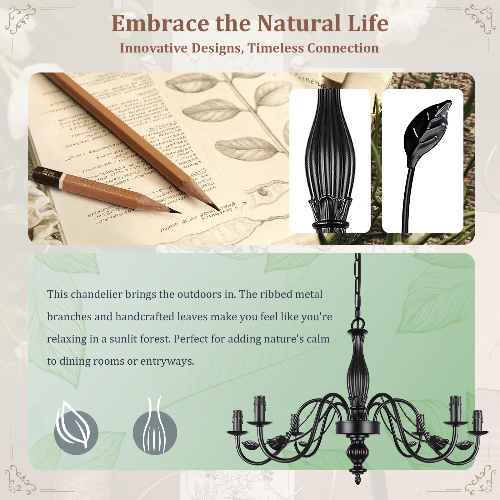 29 Black Chandelier For Dining Room  Modern Farmhouse 6-Light Light Fixture Hanging  Industrial Kitchen Lighting Fixtures With Leaf  Vintage Chandeliers Over Table For Bedroom Foyer Living Room