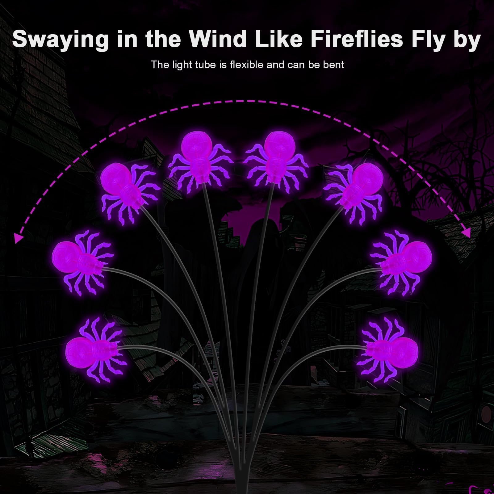 4 Packs Halloween Decorations Outdoor Scary Sloar Spider Lights,32Led Purple Spider Swaying Firefly Lights,Waterproof Solar Halloween Path Lights For Yard/Garden/Lawn/Party Decor(Spider)