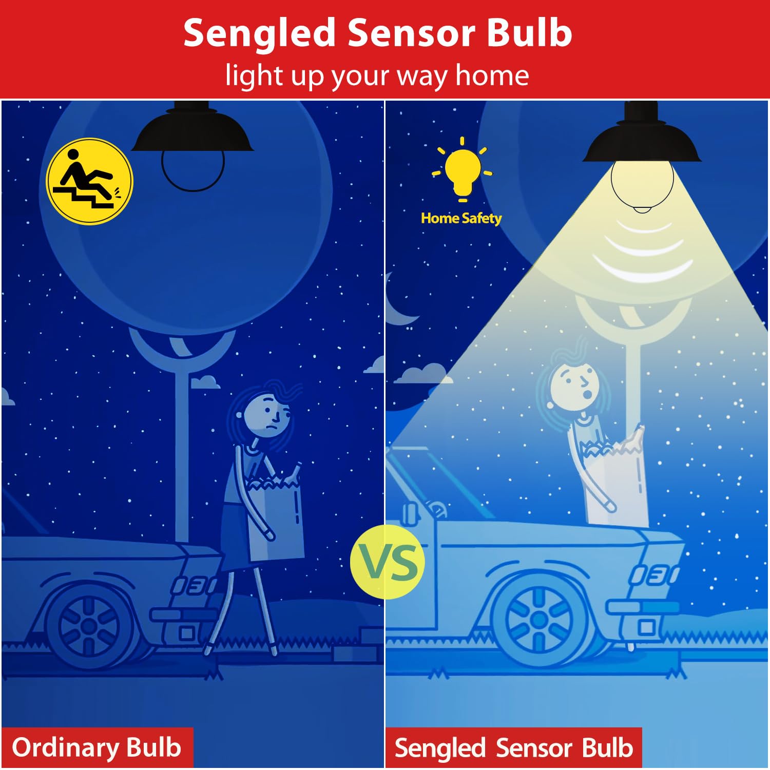 Sengled Motion Sensor LED Light Bulb, 3000K Warm White, 1200LM, A19, 4 Pack, Auto On/Off for Outdoor Use