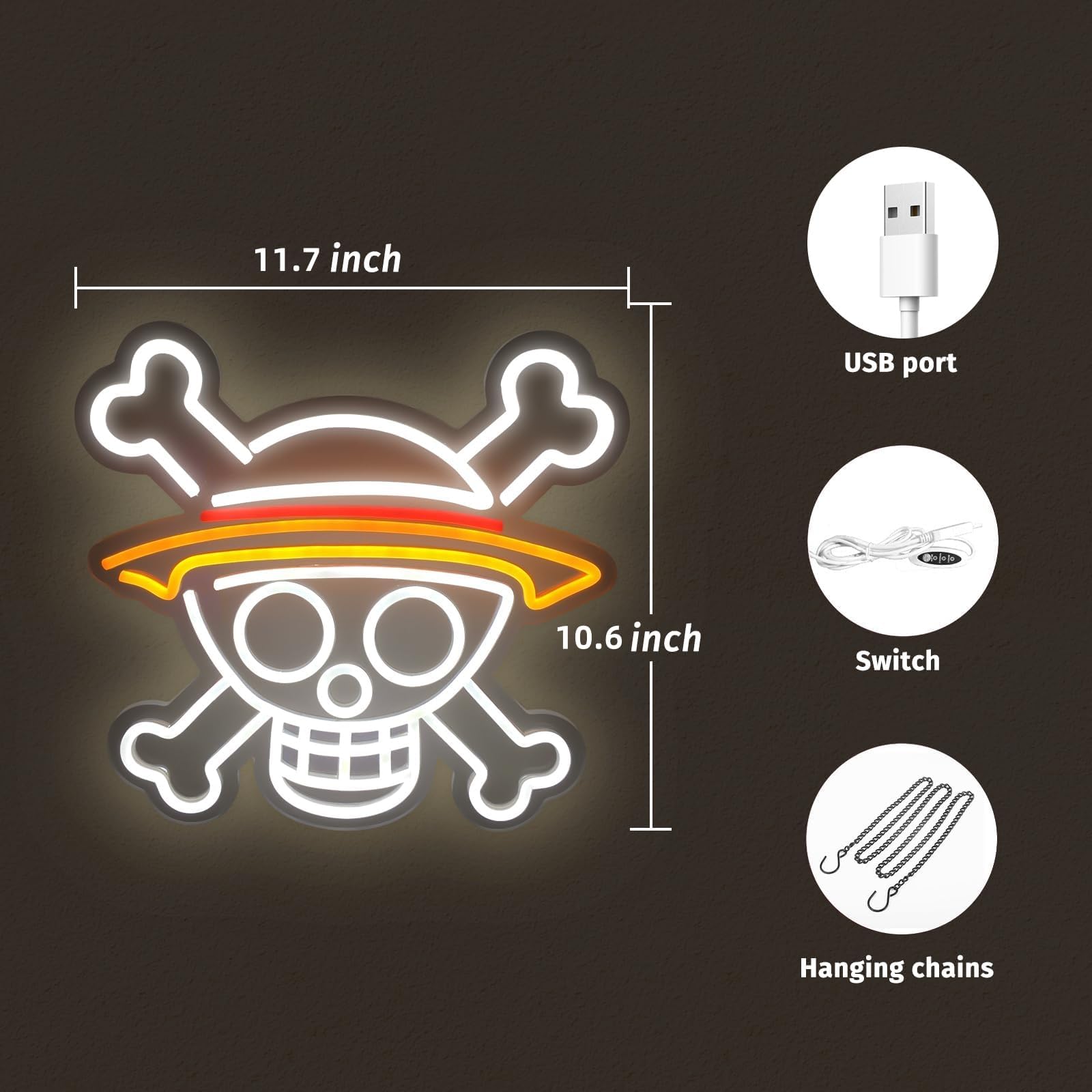 ADS JIE One Piece Neon Sign Lamp - Anime Skull, USB Powered, 11.7inx10.6in, Plastic, New One Piece Skull, Model AD066