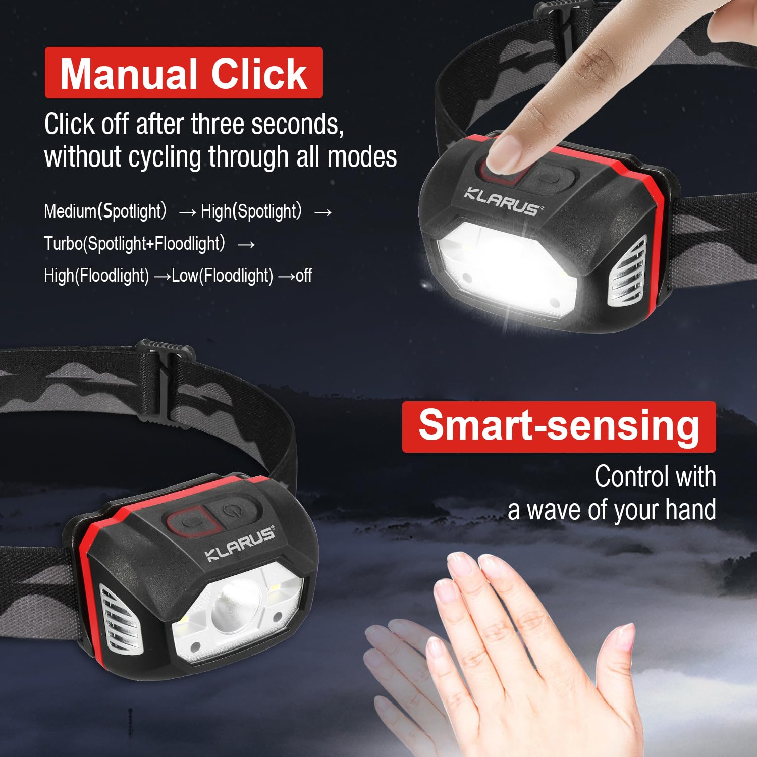 Klarus HM1 Waterproof Rechargeable Headlamp - 400 Lumens, 70 Hours Battery Life, Shock Resistant, Black Red