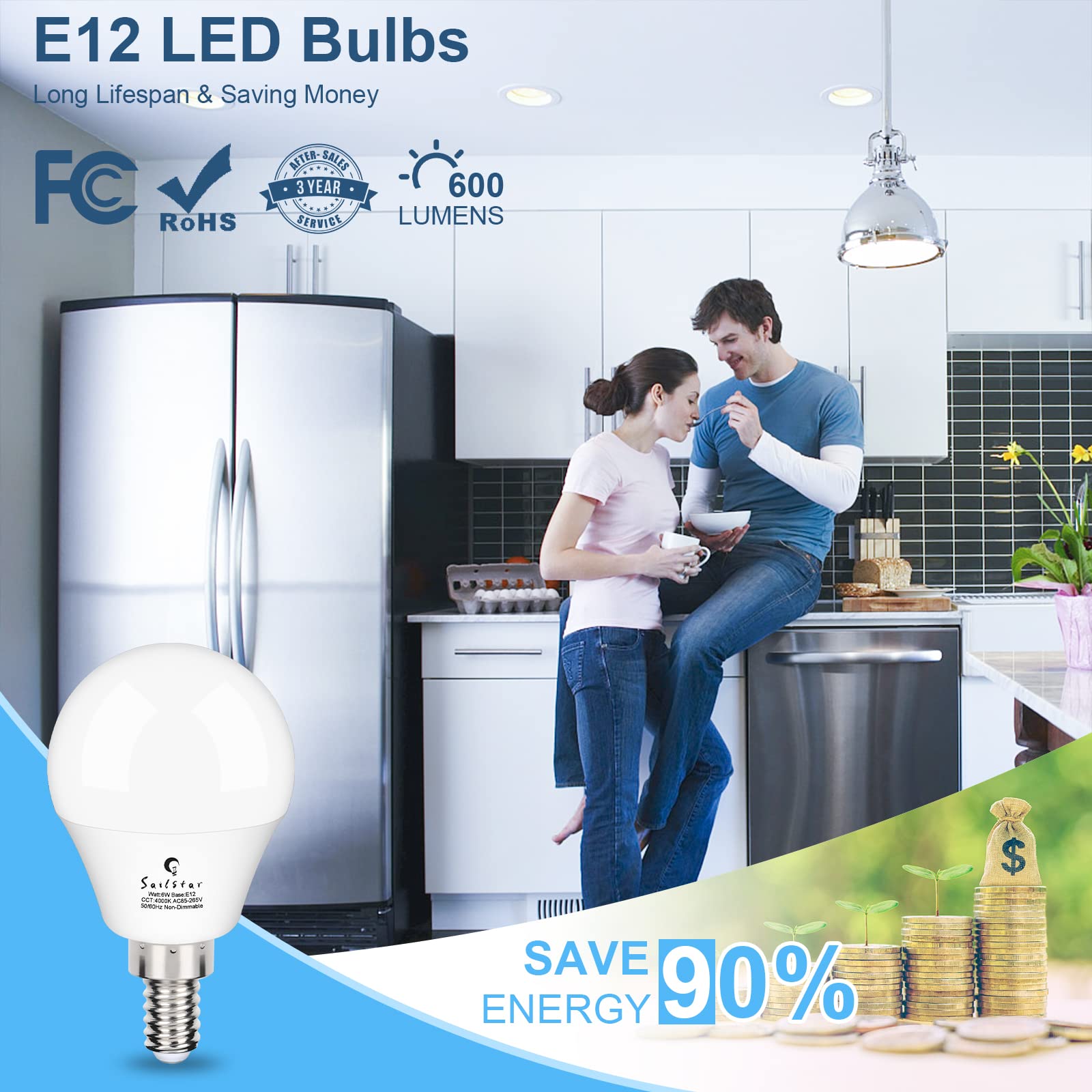 Sailstar LED Candelabra Bulbs, 60W Equivalent, Daylight White 5000K, E12 Base, 6W A15, 6-Pack
