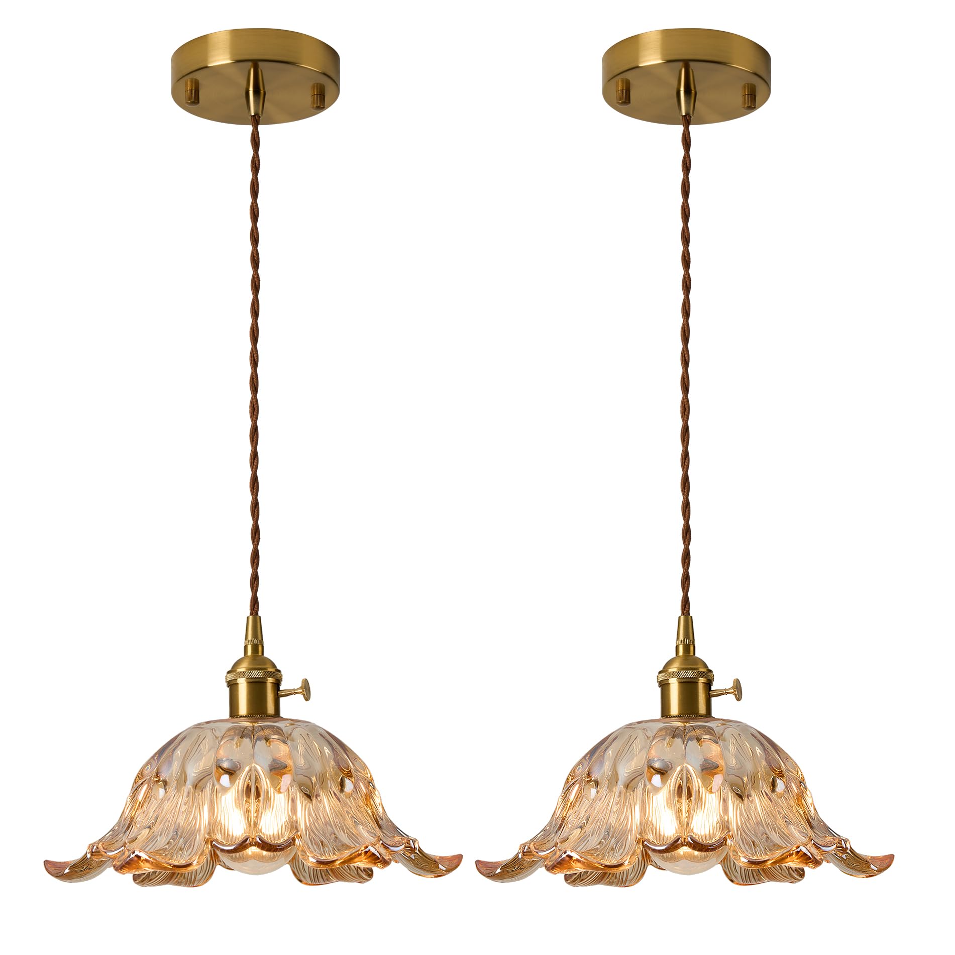 2 Pcs/Package Vintage Glass Pendant Light Fixtures,Amber Small Modern Chandelier,Champagne Gold Kitchen Pendant Light over Islan