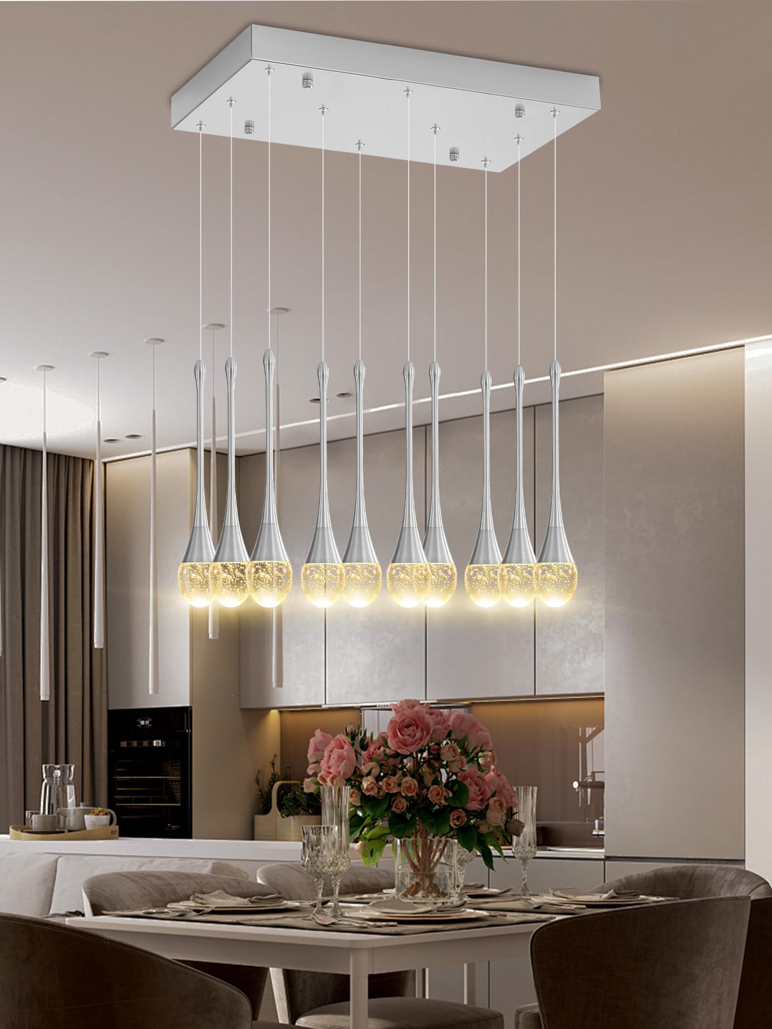 ykolupty Rectangular Chandeliers for Living Room Silver Dining Room Lights Fixture Raindrop Pendant Lights Kitchen Island Crysta
