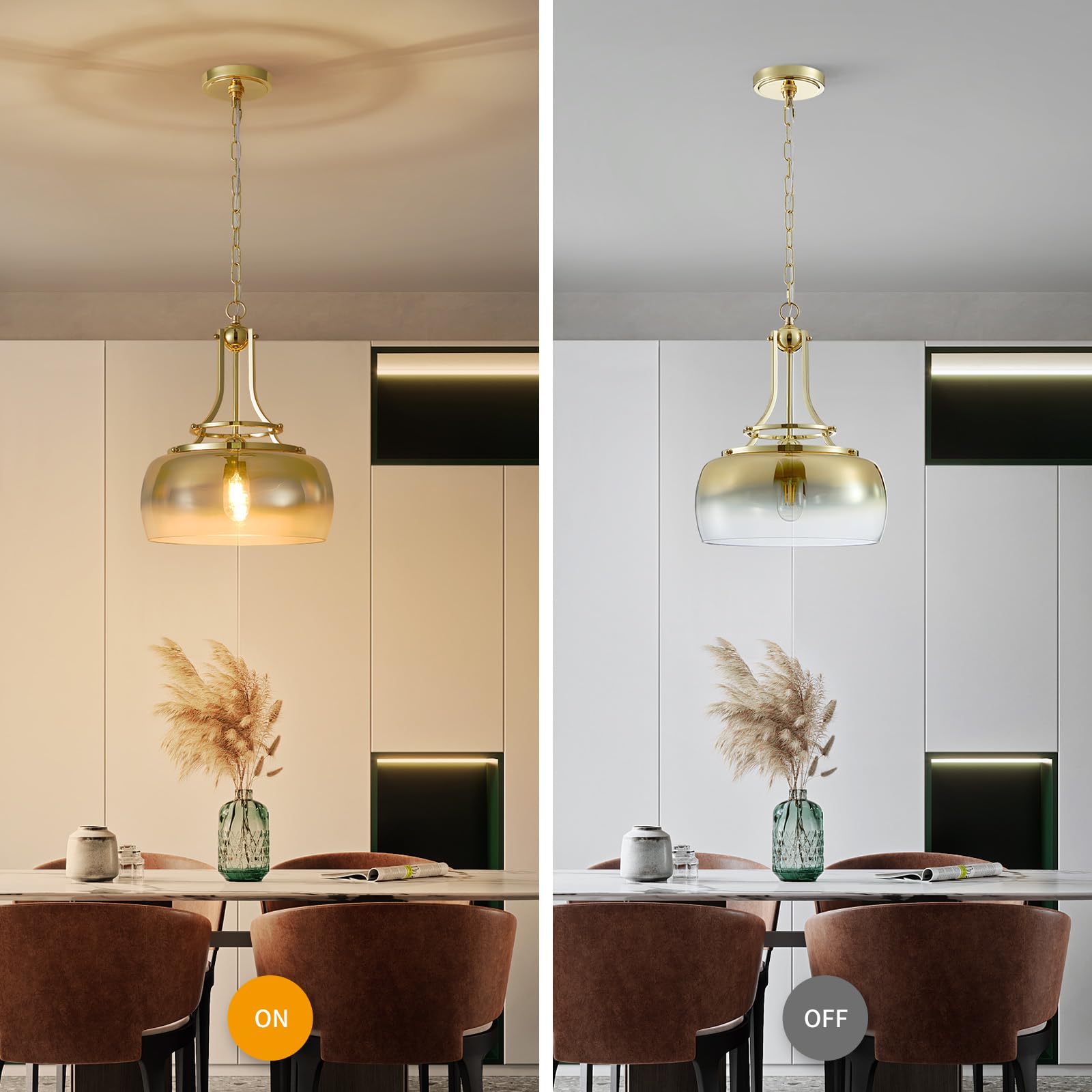 WUZUPS Gold Chandelier Pendant Light, Rustic Industrial Design, H 17" W 13.4", Gradient Glass Shade, Model USHD9607PB
