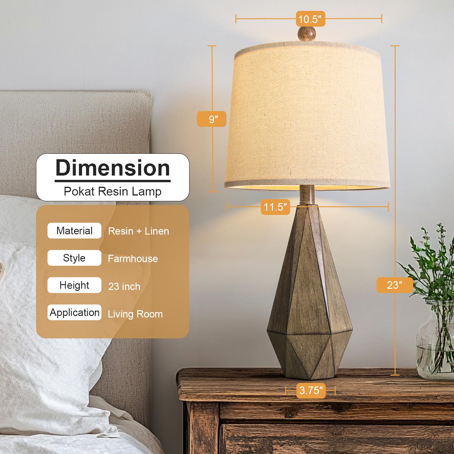 PoKat 23in  Farmhouse Table Lamps Set of 2, Dark Wood Resin, Rustic Design for Living Room and Bedroom, Model AMZ-T1042M-GL