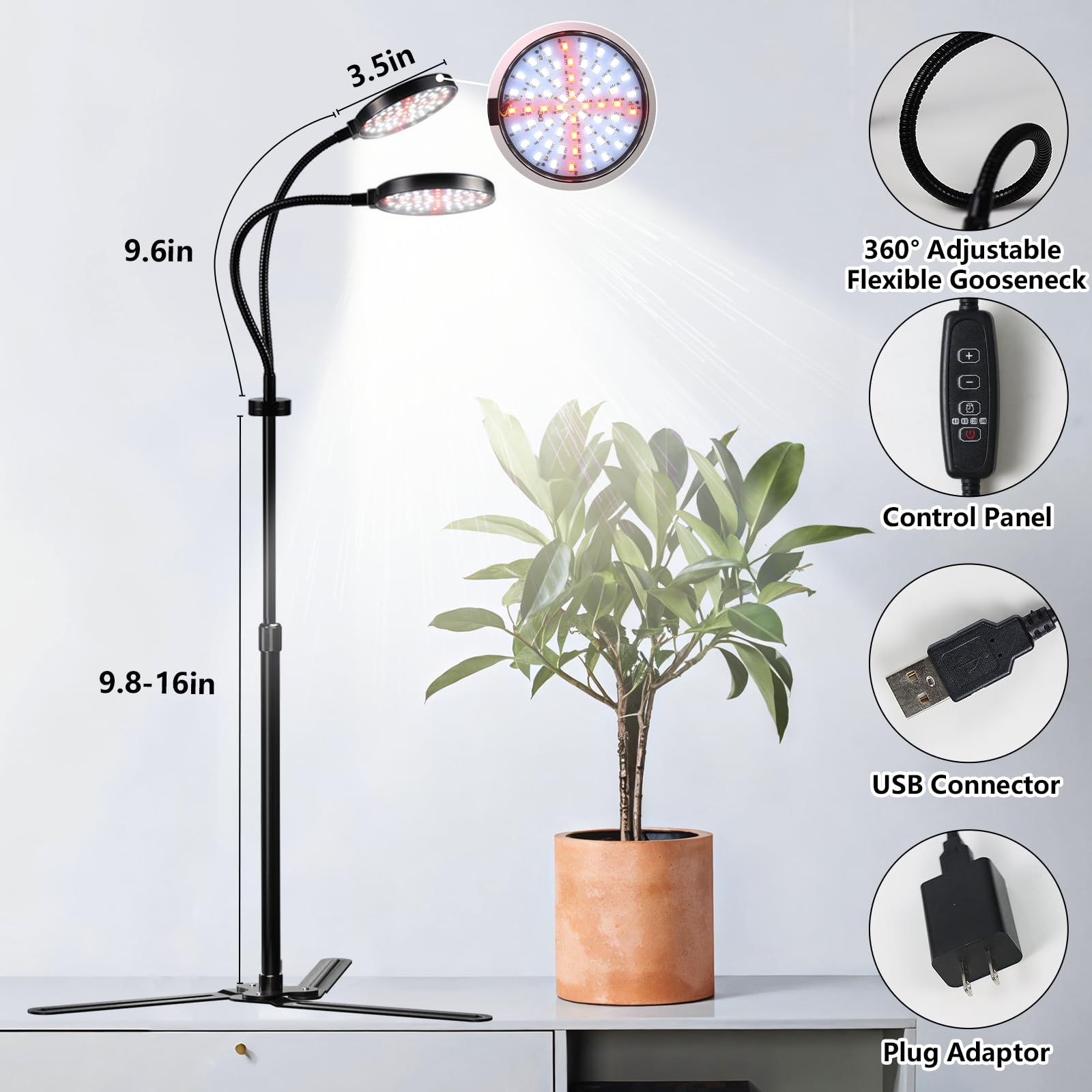 Grow Lights For Indoor Plant, 6000K Full Spectrum Plant Lights For Indoor Growing, 3.5'' Led Dual Ring Grow Light, Height Extendable 9-16'', Auto On Off Timing 4/8/12/18Hrs (Black)