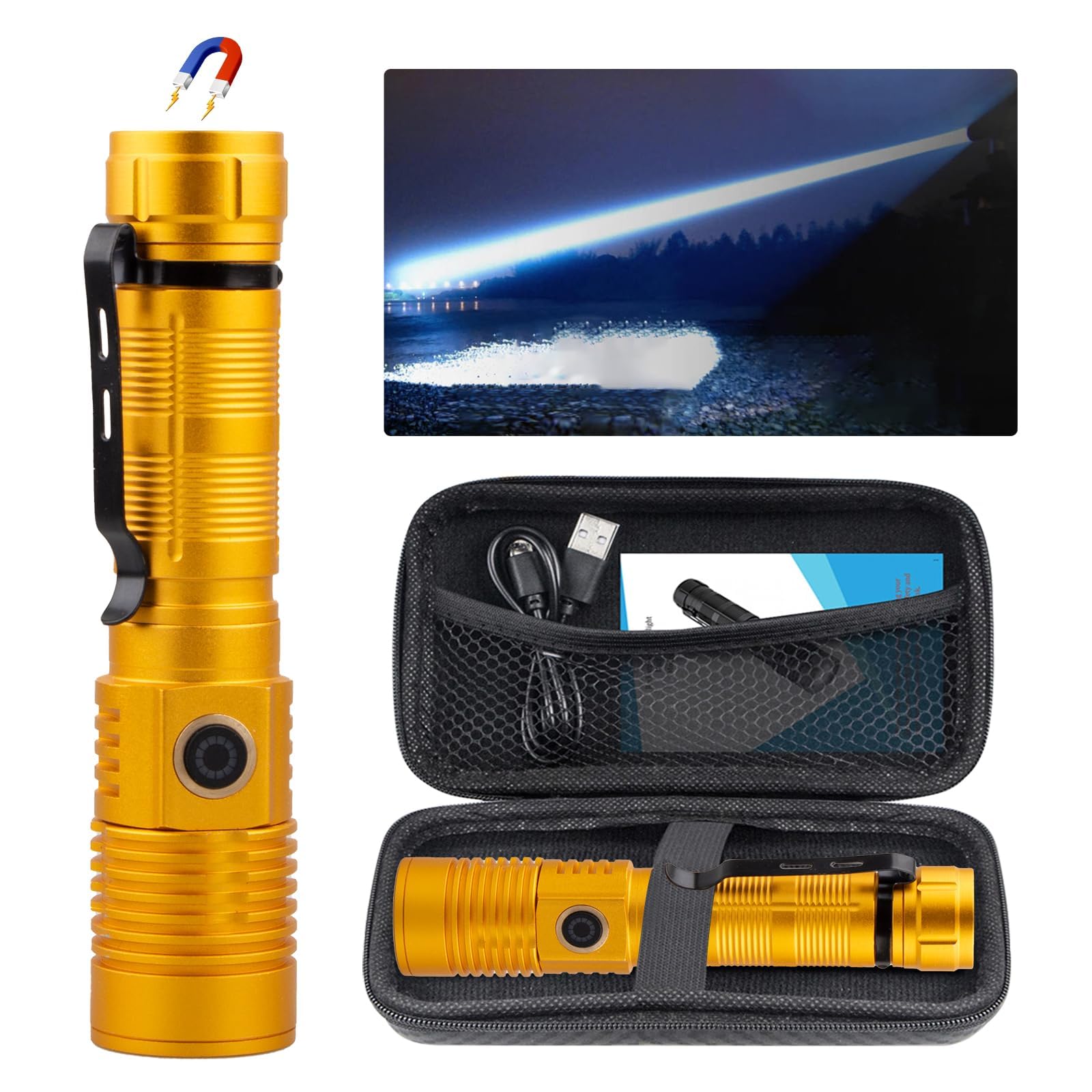 Rechargeable Flashlight High Lumens, High Lumens Super Bright Magnetic Flash Light, 1500 Meter Long-Range Zoomable Led Flashligh