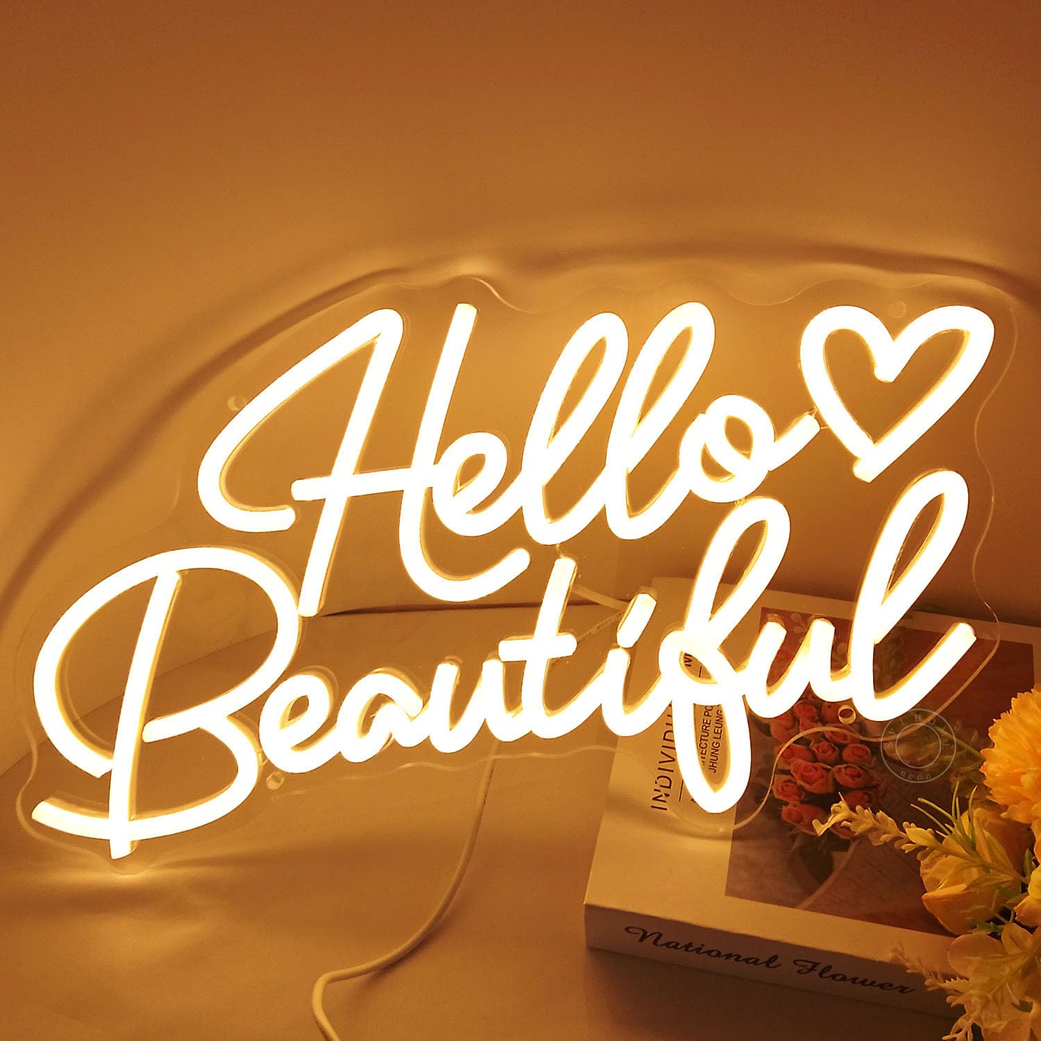 SYLHOME LED Neon Sign - inHello Beautifulin - Acrylic Wall Decor - Warm White - 15.75in x 8.7in - Girls Room, Bar, Club, Party Gifts