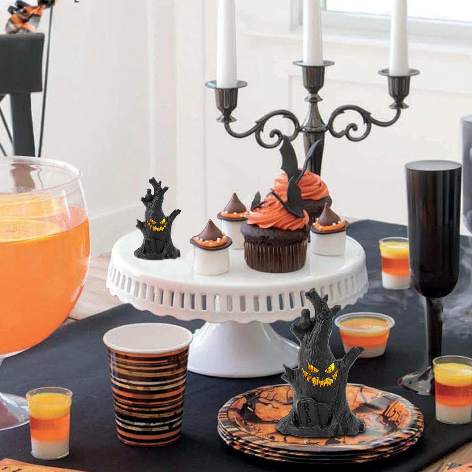 Lifnatty Halloween Tree Lights Decorations - 2 Pack, Battery Operated, Black Resin, Haunted Tree with Glowing Eyes
