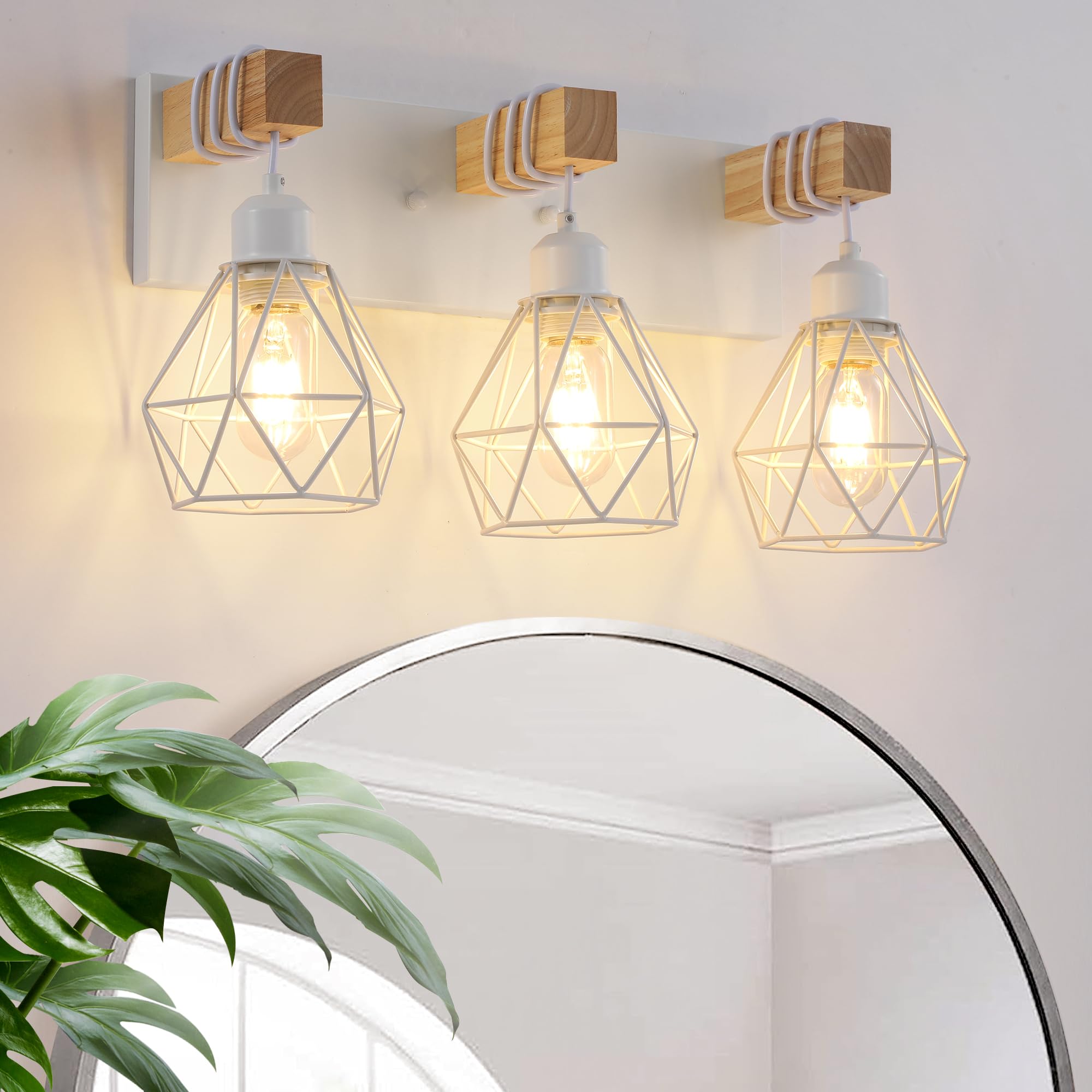 Farmhouse Vanity Light For Bathroom  3-Light White Wood Bathroom Vanity Light Fixtures Over Mirror  Rustic Sconces Wall Lighting With Metal Lampshade For Living Room  Bedroom  Hallway