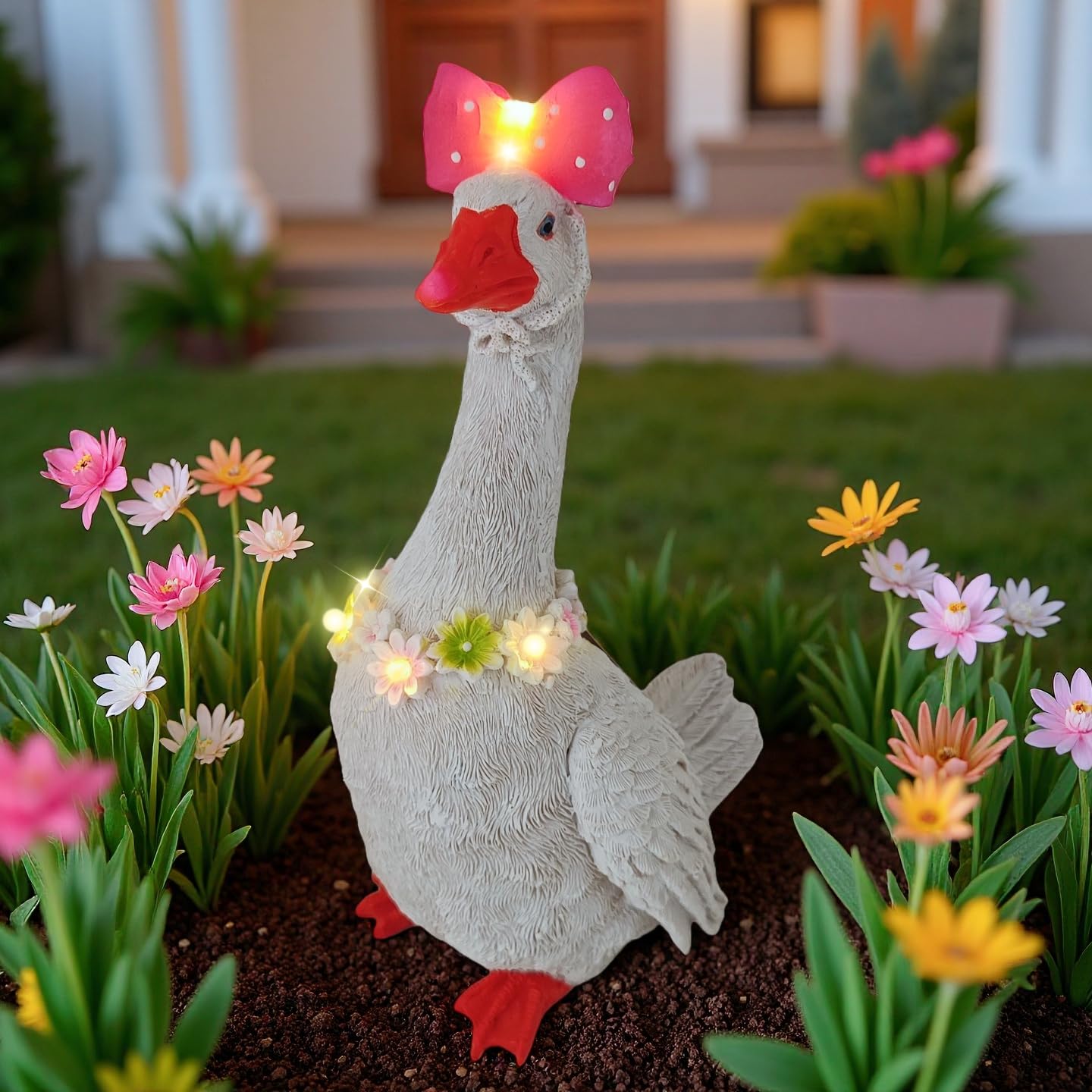 Solar Porch Goose Statue with Glowing Goose Outfits, 12 inch Resin White Goose Customizable Outdoor Garden Decor, Funny Duck Scu