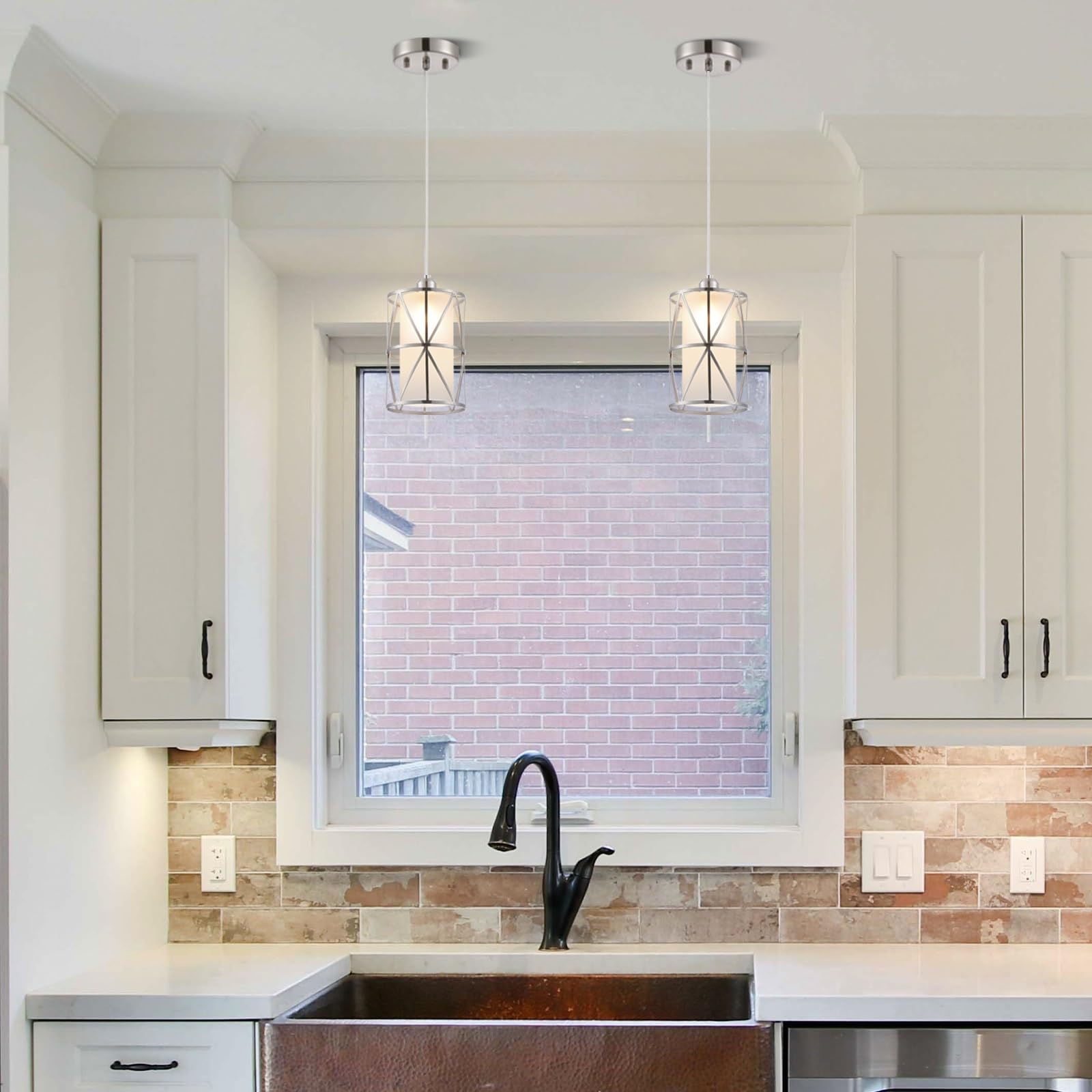 Zlierop Modern Pendant Light A93, Frosted Glass & Metal, Nickel, 5.4" x 7.9", Ideal for Kitchen Island, Dining Room, Foyer