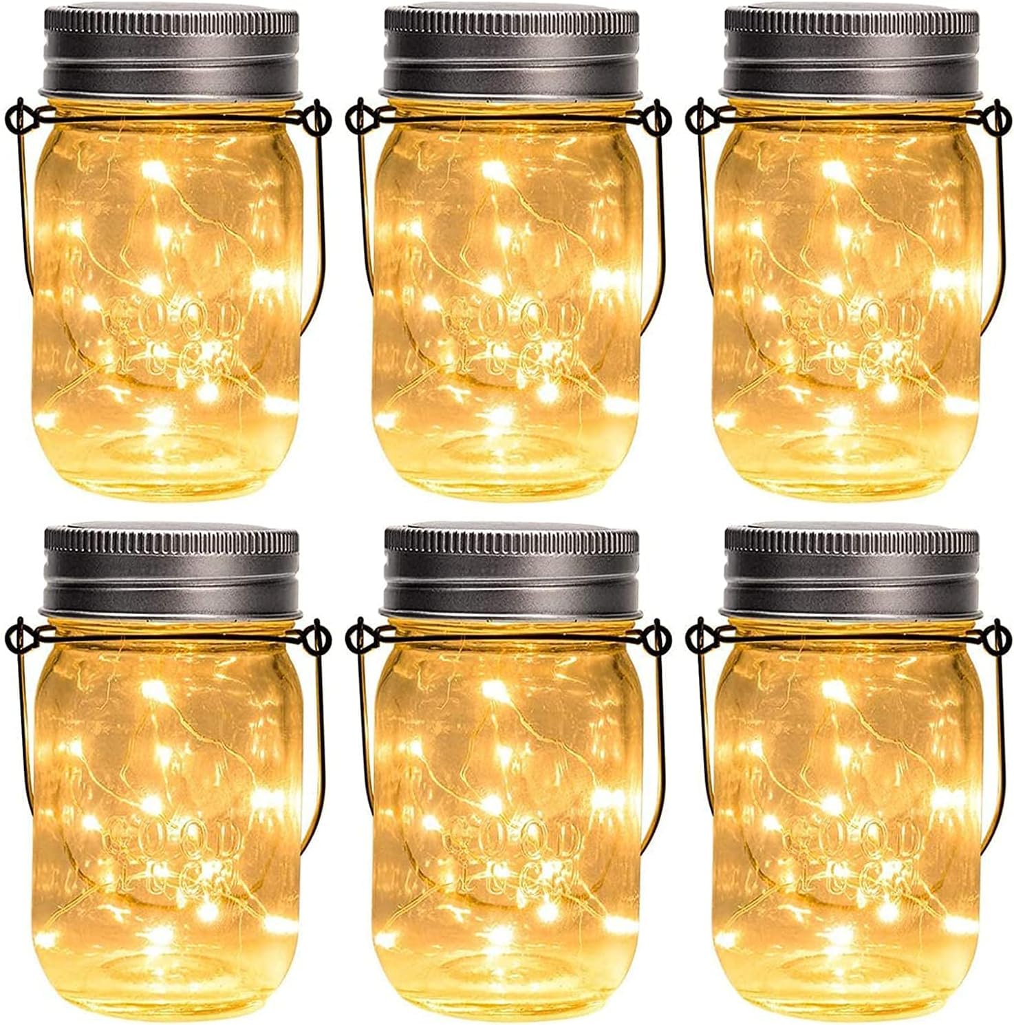 GIGALUMI Hanging Solar Mason Jar Lights, 30 LED, Waterproof, 6 Pack, White, Model 6889, Outdoor Decor for Garden and Patio
