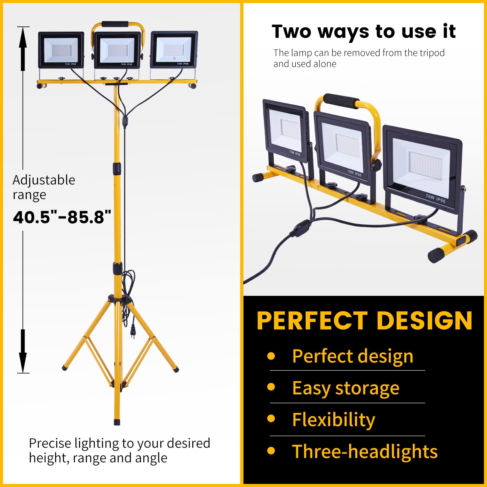 21000 Lumen Work Lights With Stand, 3 Adjustable Head Led Work Light, With Adjustable And Foldable Tripod Stand, Waterproof Lamp With Individual Switch With 6500 Kelvin Color Temperature