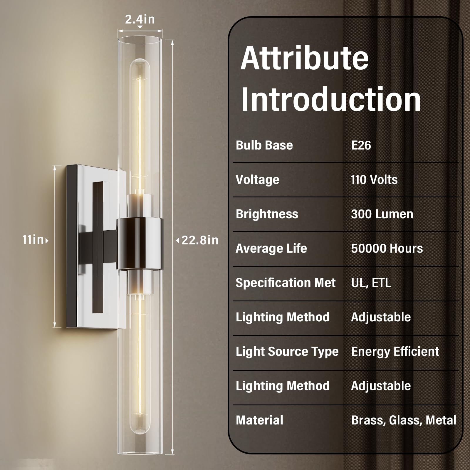 YUEXPAND Nickel Wall Sconces Set of Two, Brass 22.8" Lighting with Clear Glass Shade for Bathroom, Living Room, Bedroom, Hallway