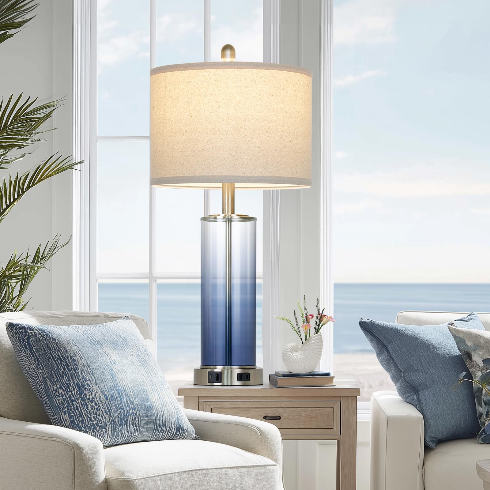 Ruzectt Coastal Blue Glass Table Lamps Set of 2, 3-Way Touch Control with USB Ports & AC Outlet, Elegant Nautical Design