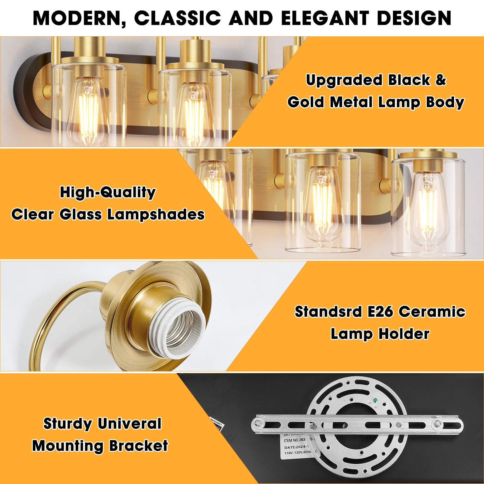 Baocuz 3-Light Black And Gold Vanity Light, Mid Century Brushed Gold Bathroom Light Fixtures Over Mirror With Clear Glass Shade