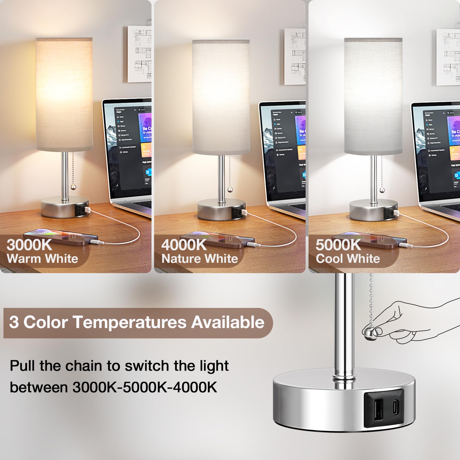 Silver Bedside Lamps For Bedroom Set Of 2 - Nightstand Table Lamp With Usb A + C Charging Port, 3 Color Temperatures Pull Chain