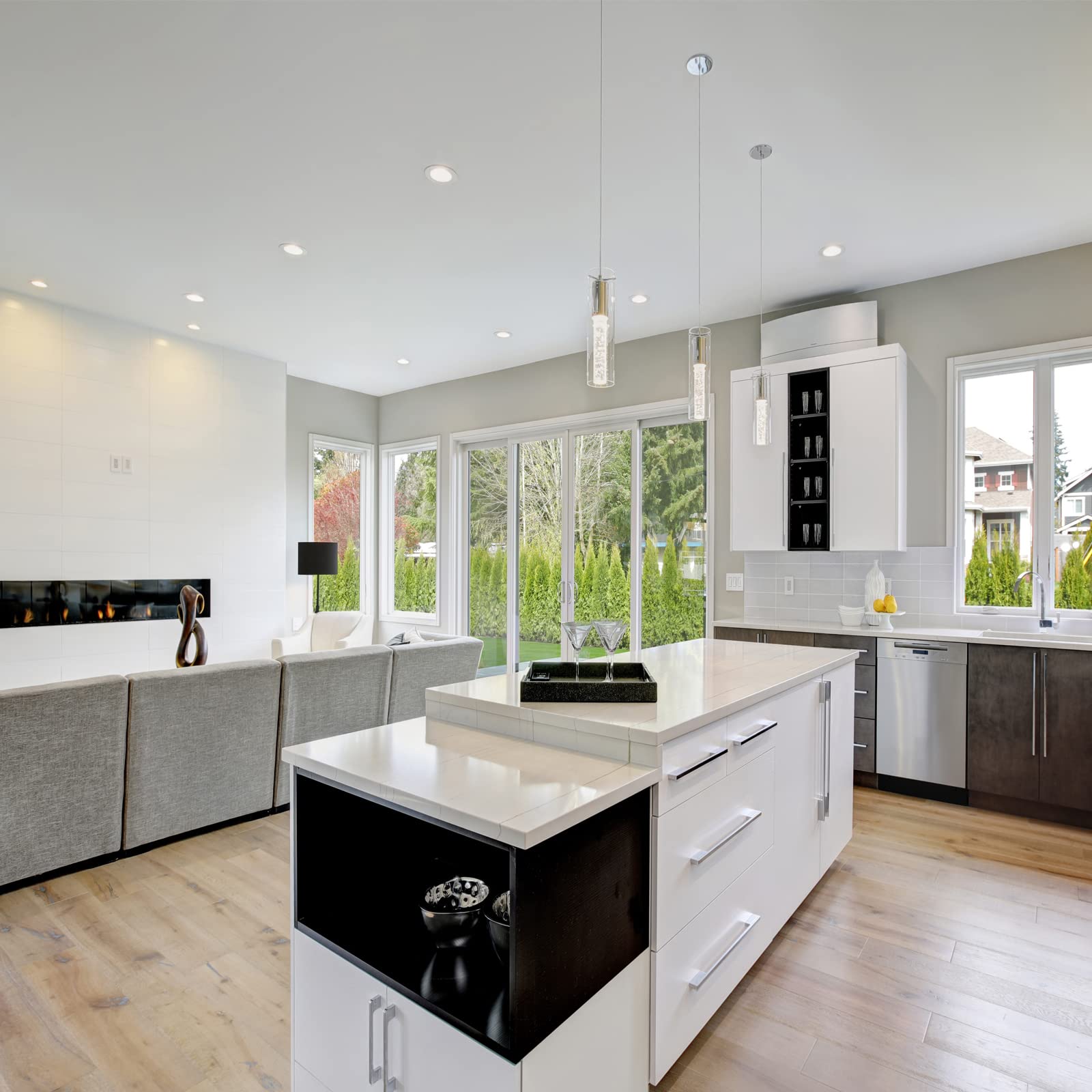 Esfos Pendant Ceiling Light Fixture, Led Kitchen Lighting Crystal Pendant Lights Kitchen Island, 1-Light Integrated Kitchen Hanging Light Fixture Modern Island Light With Bubble Glass Three Pack