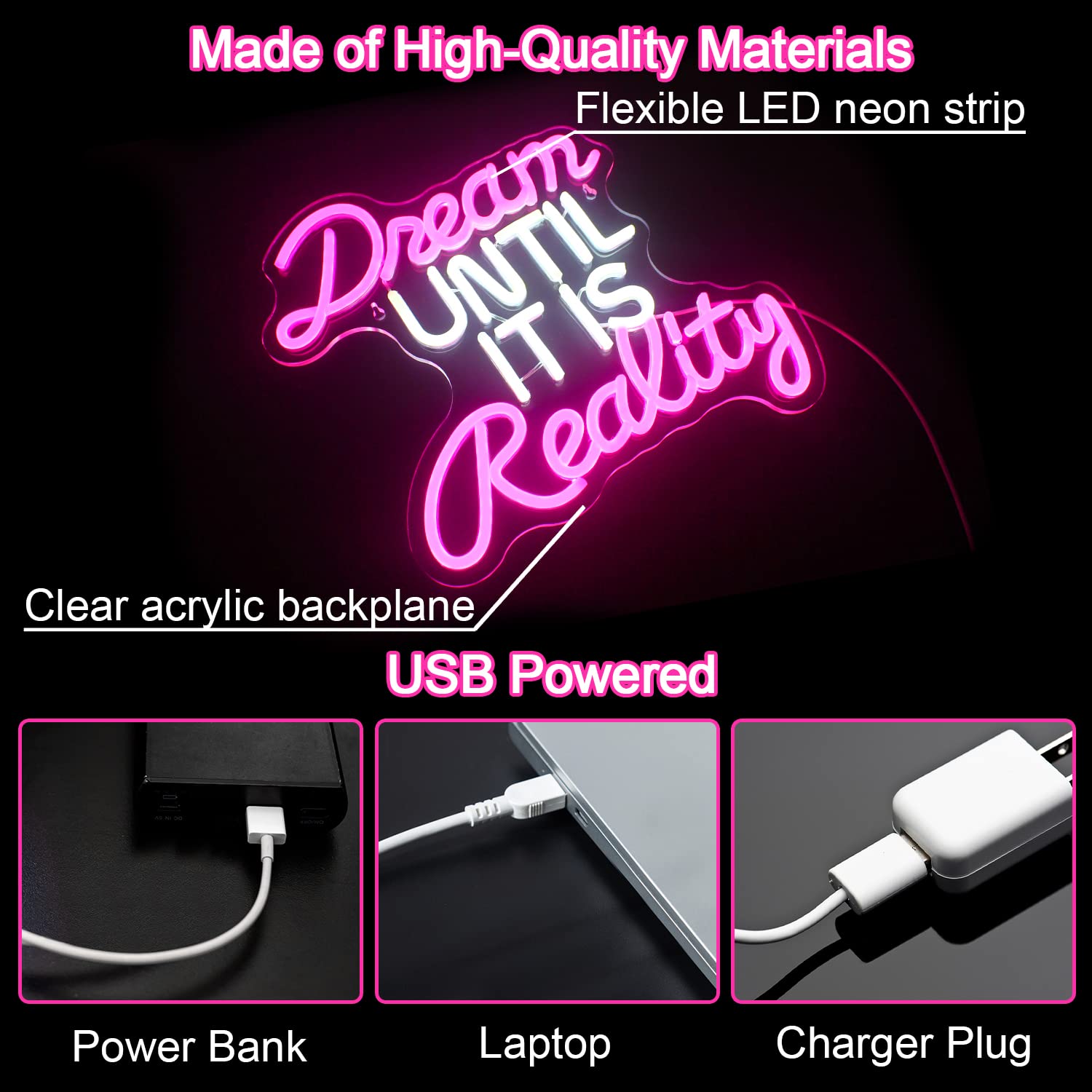 Horseneon Neon LED Sign - Dream Until It Is Reality - USB Powered - Acrylic - Pink/White - Model 1273 - Wall Decor for Bedroom/Office
