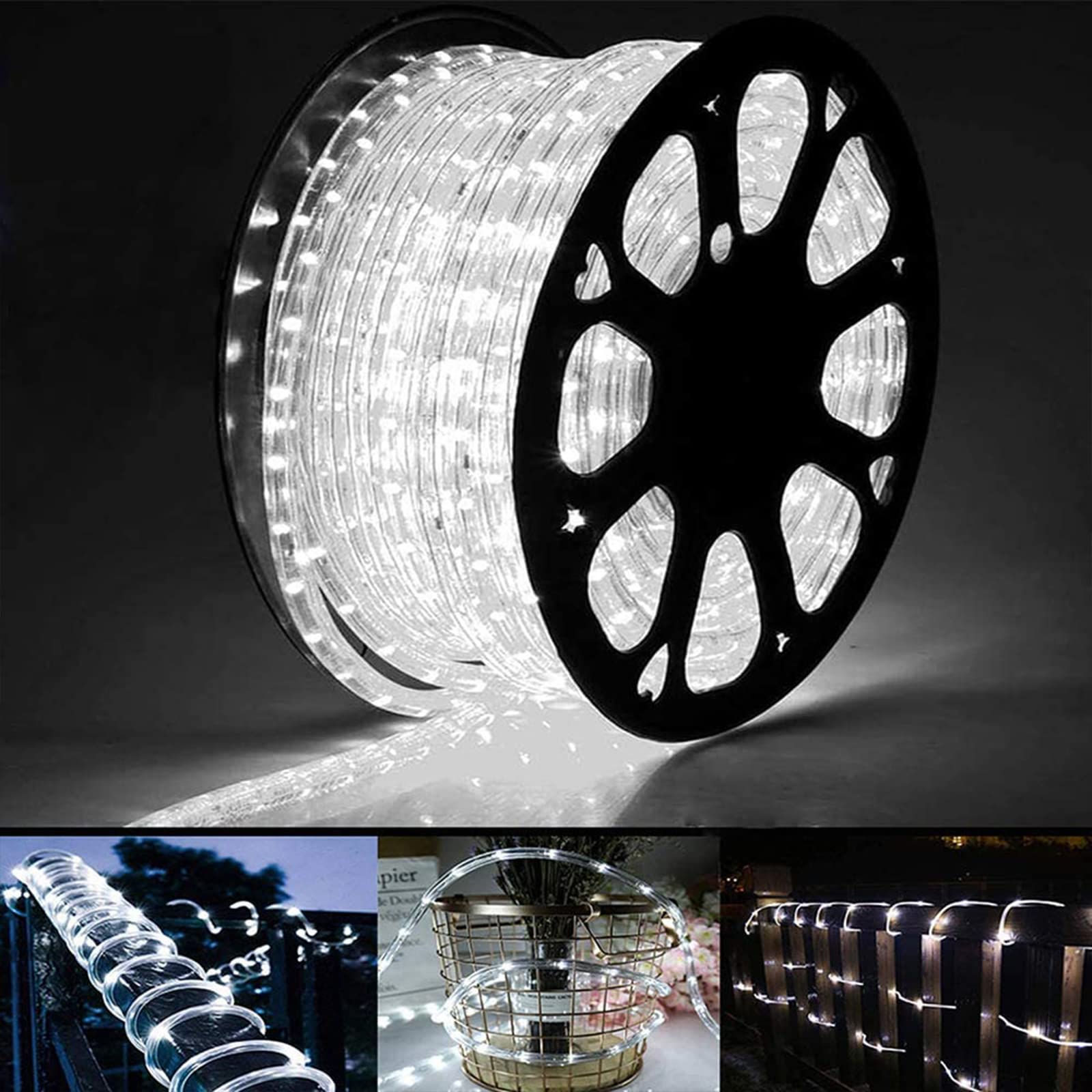 Jnaurb 150ft LED Rope Lights, Waterproof, 1080 LEDs, Flexible Tube, 8 Modes, White, Model YLRL-45-120V
