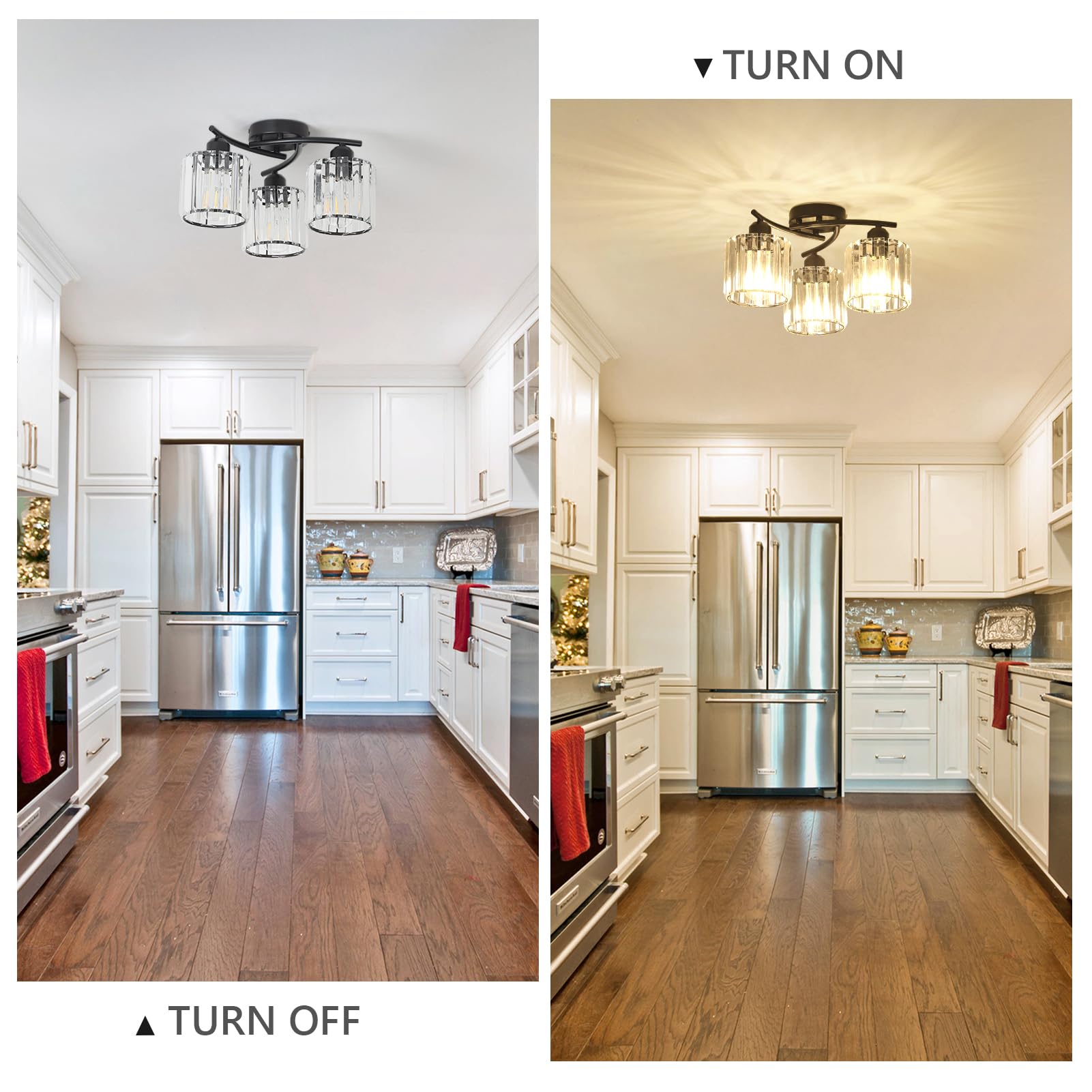 Crystal Semi Flush Mount Ceiling Light 3-Light Black Close To Ceiling Light Fixtures Kitchen Light Fixture With Clear Crystal Shades Hallway Light Fixtures For Kitchen Entryway Bedroom Bathroom