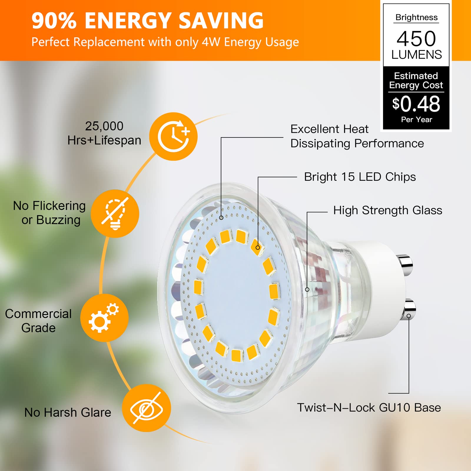 Maylaywood 4W Gu10 Led Light Bulbs, 50W Halogen Equivalent, Warm White 2700K,